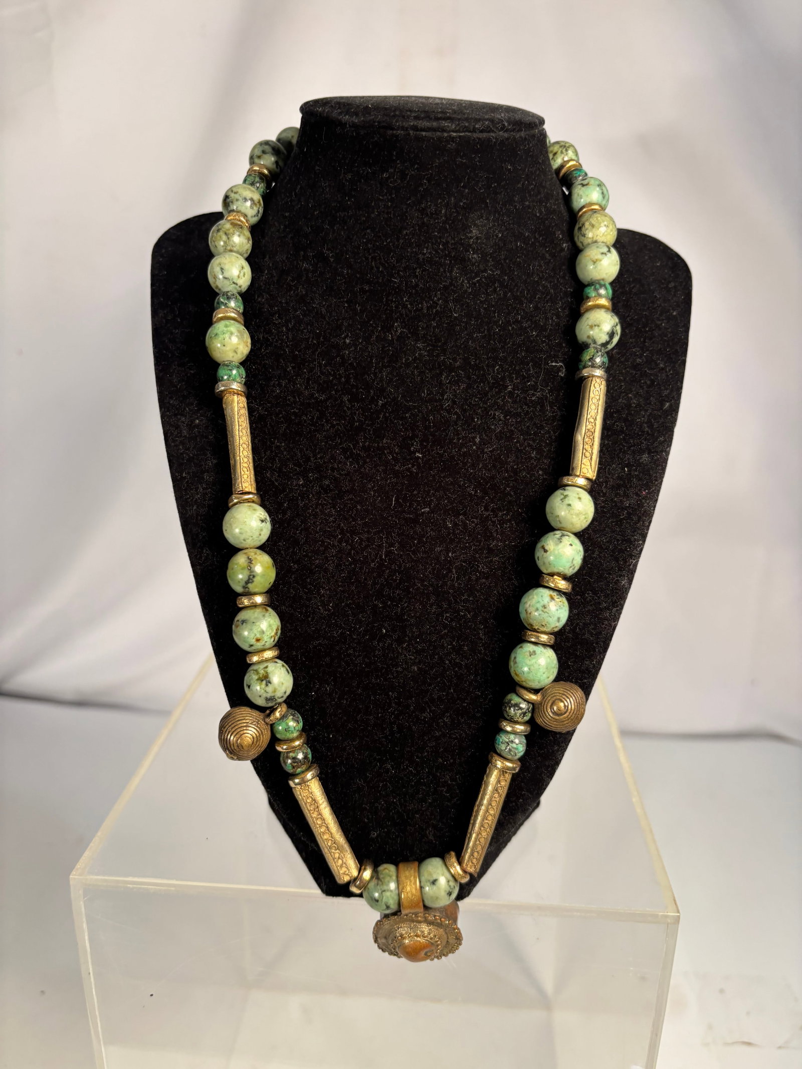 Natural African Turquoise Jasper Bead Necklace with Brass-Tone Accents, 22 Inches