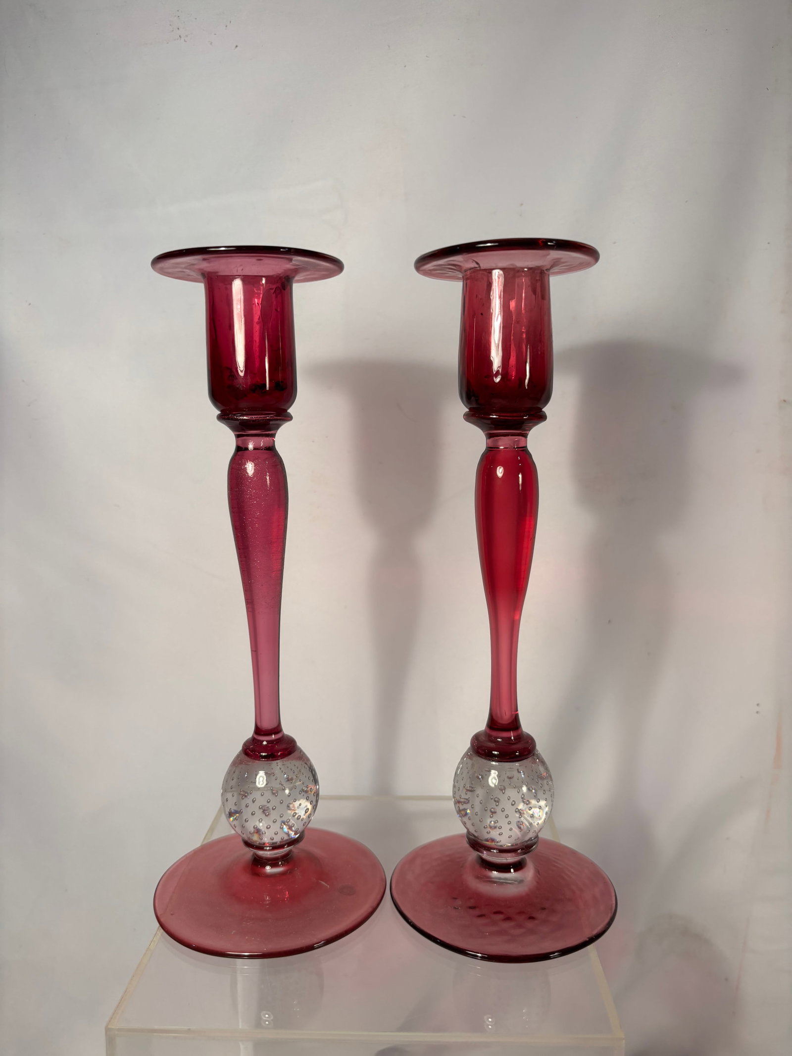 Pair of Cranberry Art Glass Candlesticks with Controlled Bubble Clear Glass Knops (1 of 8)