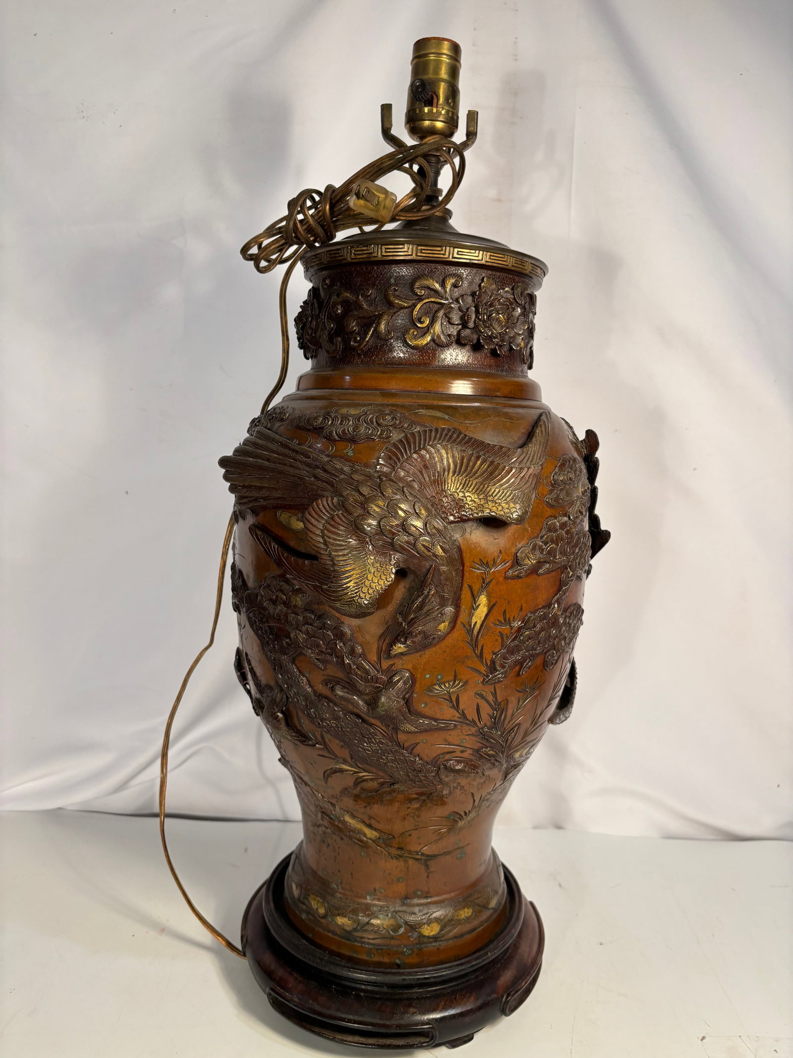 Japanese Mixed-Metal Bronze Vase with Eagle, Waterfall & Floral High-Relief Decoration , Meiji