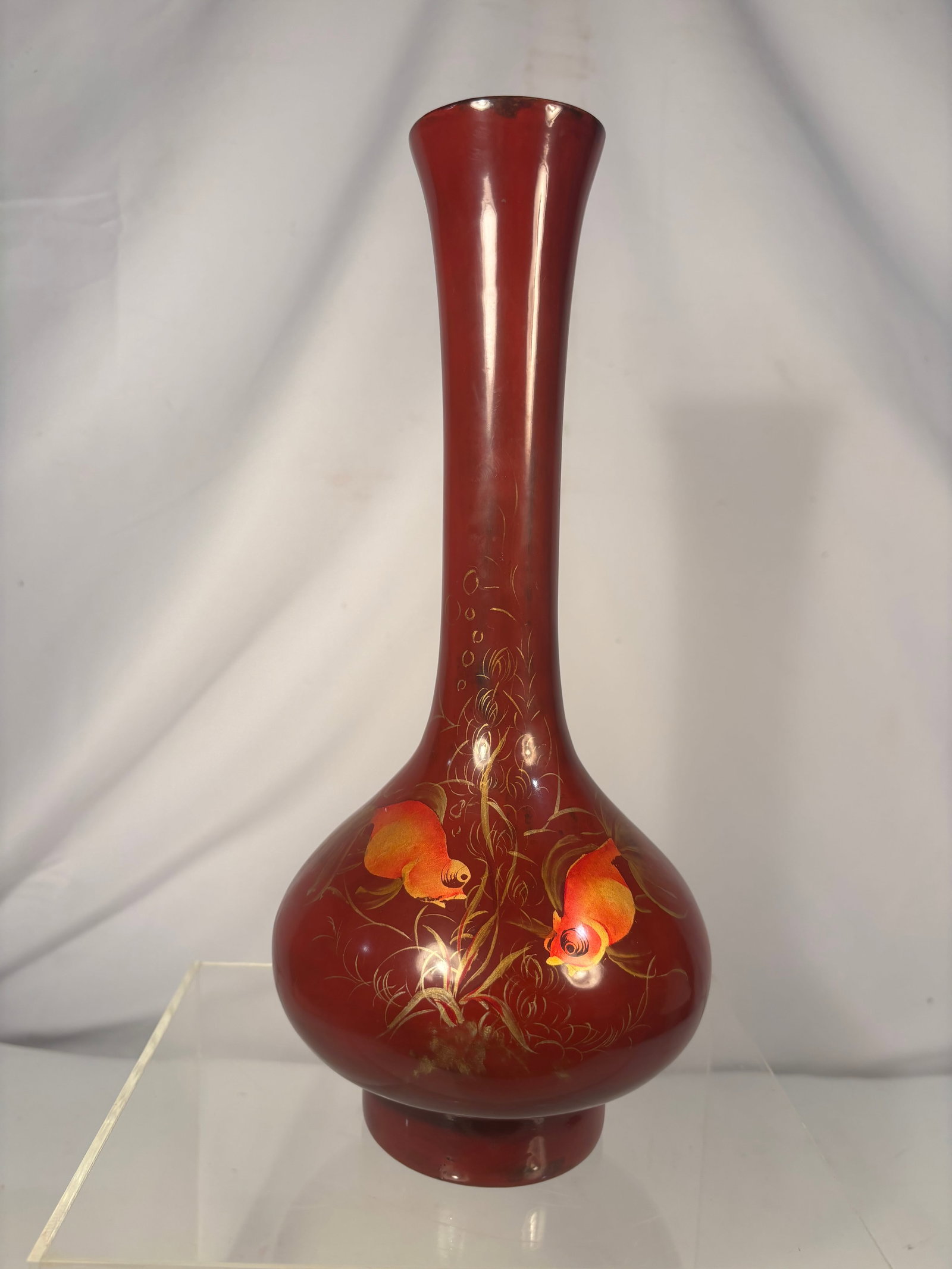Vintage Japanese Red Lacquer Goldfish Bottle Vase