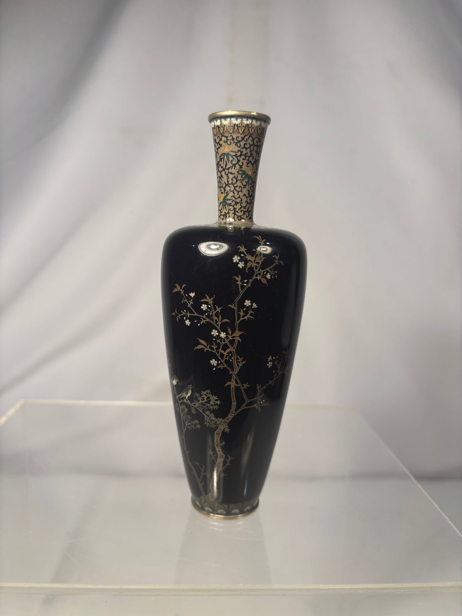 Japanese Cloisonné Enamel Vase with Birds and Flowering Trees, in the Style of Hayashi Kodenji,
