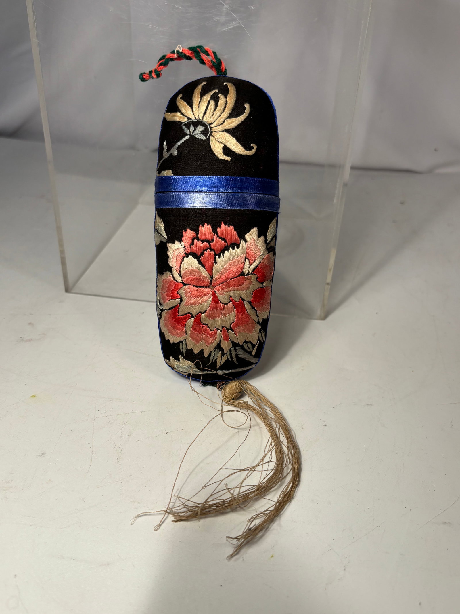 Late Qing Chinese Embroidered Silk Spectacle Case with Peony and Tassel 19th century