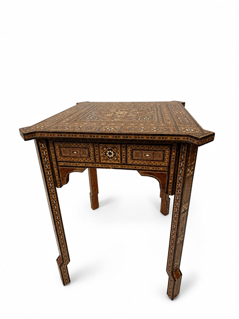 Antique Syrian Damascus Mother-of-Pearl and Bone Inlaid Side Table: An elaborately decorated Syrian or Levantine wooden side table featuring extensive geometric marquetry inlay composed of mother-of-pearl, bone and contrasting woods. The rectangular top centers an int