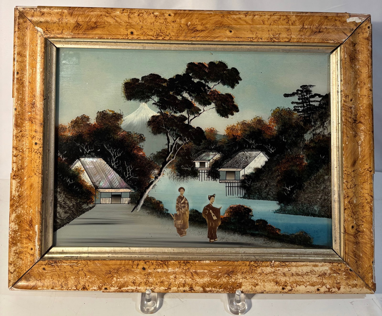 A Japanese Reverse Glass Painting of Mount Fuji Landscape