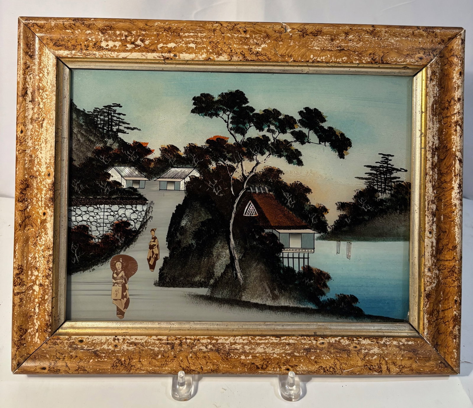 A Japanese Reverse Glass Painting of Mount Fuji Landscape