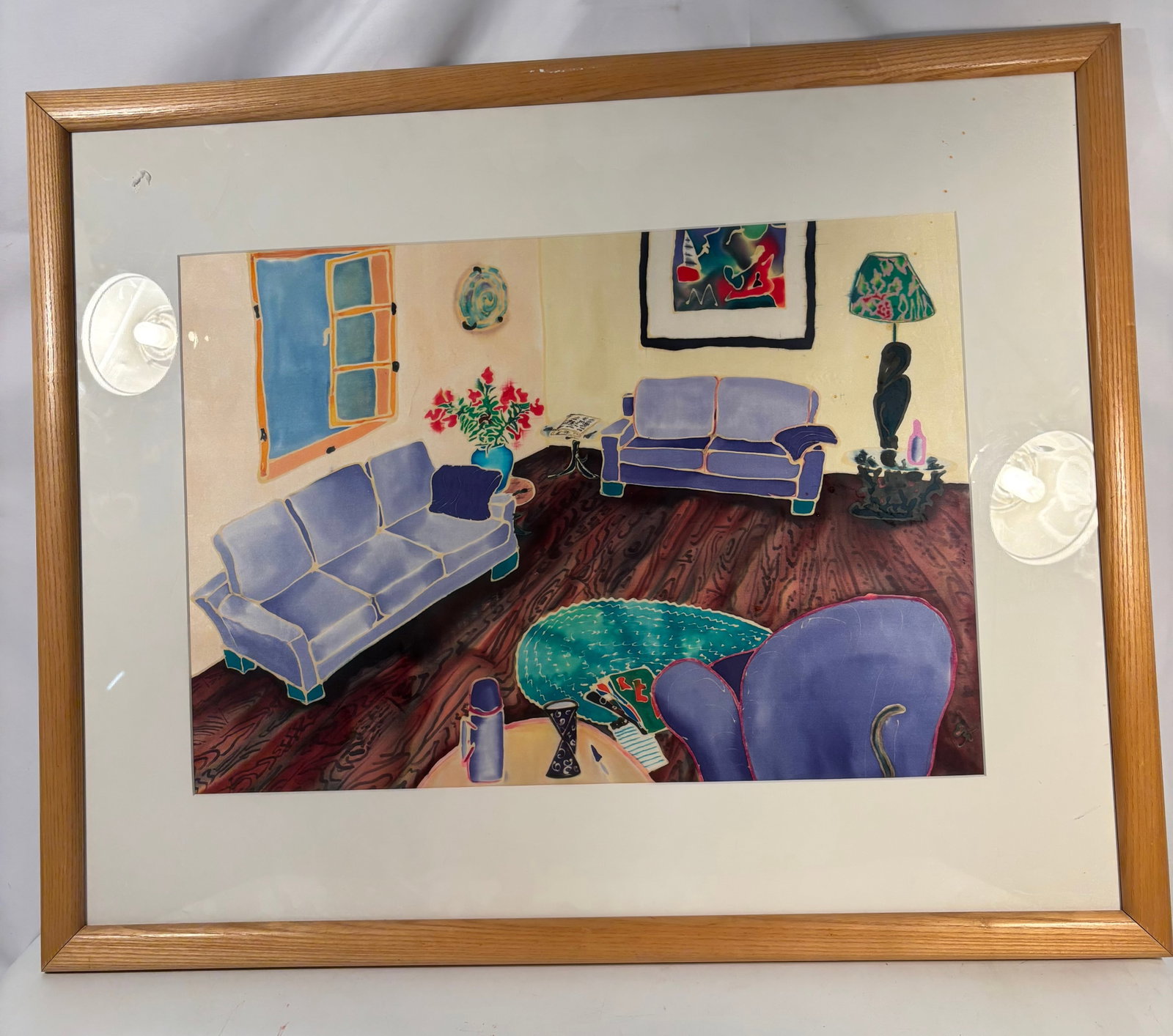 Elizabeth E. Mitchell (American, Florida) Contemporary Interior: A contemporary painting by Elizabeth E. Mitchell, depicting a colorful modern interior with violet sofas, dark wood flooring, turquoise rug, floral still life, and decorative furnishings. Executed in 
