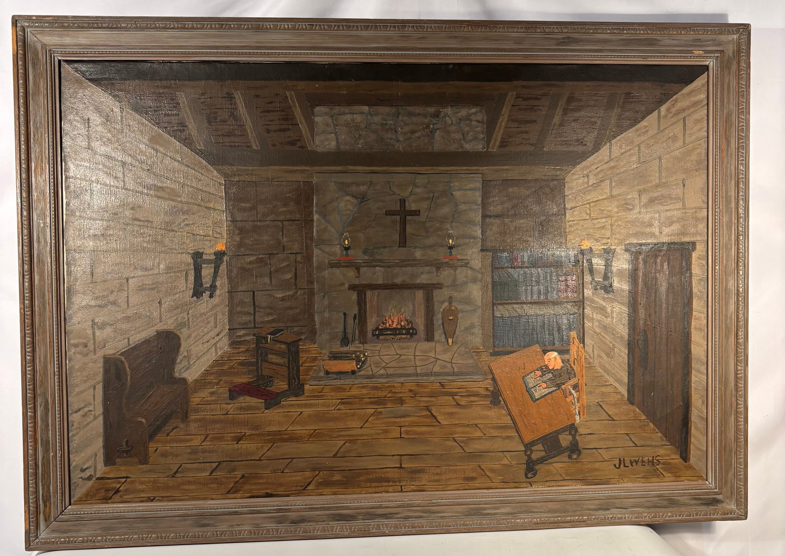 American Interior Scene Oil Painting Signed JLWEHS: A signed American folk art style oil painting depicting a rustic stone interior, likely a chapel, monastery study, or devotional room. The scene features a lit fireplace beneath a cross, bookshelves, 