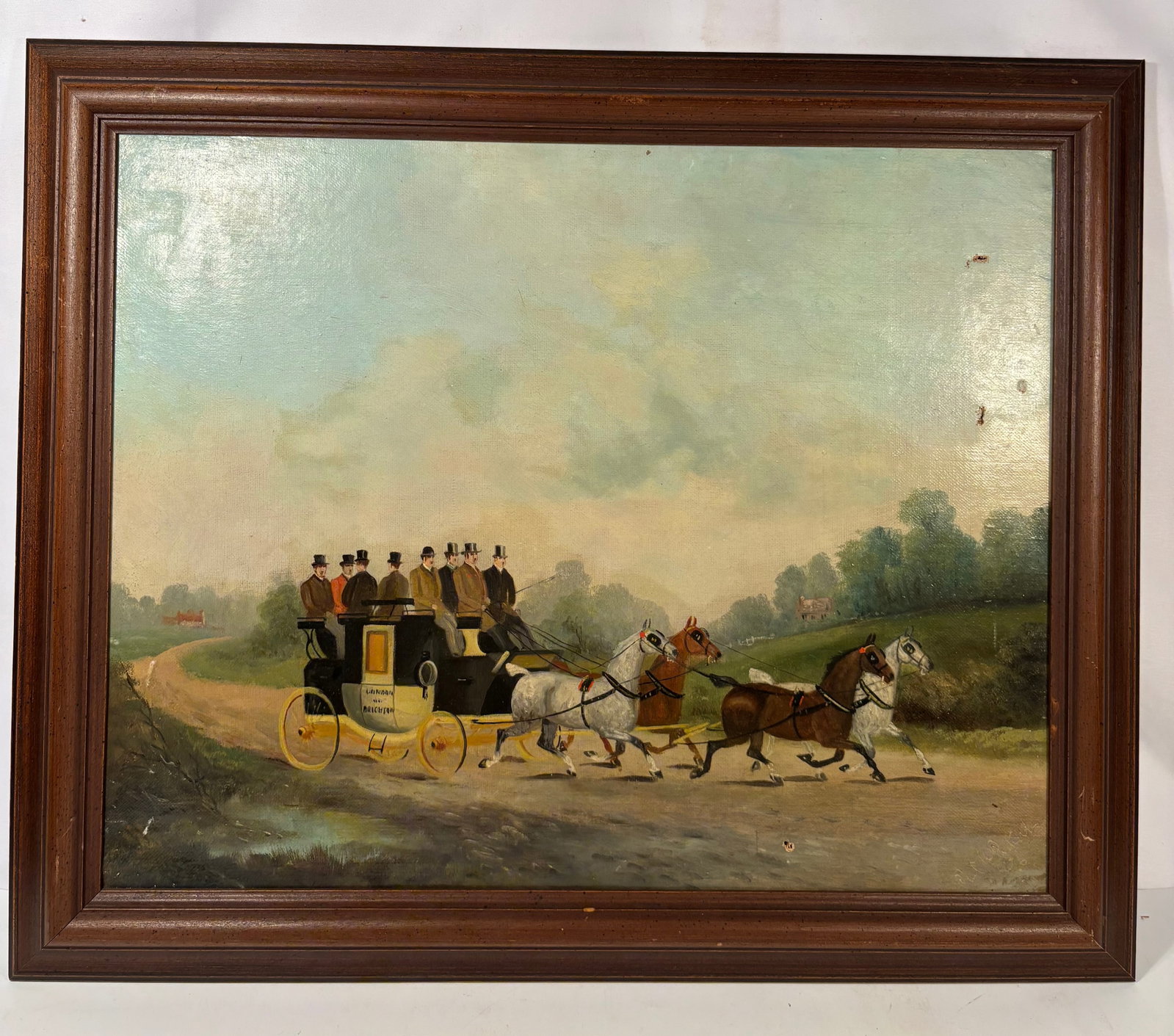 Philip Henry Rideout (British, 1860–1920) Coaching Scene Oil Painting: A fine late 19th-century British sporting oil painting by Philip Henry Rideout (1842–1920), depicting an elegant four-horse stagecoach carrying formally dressed gentlemen in black top hats along a w
