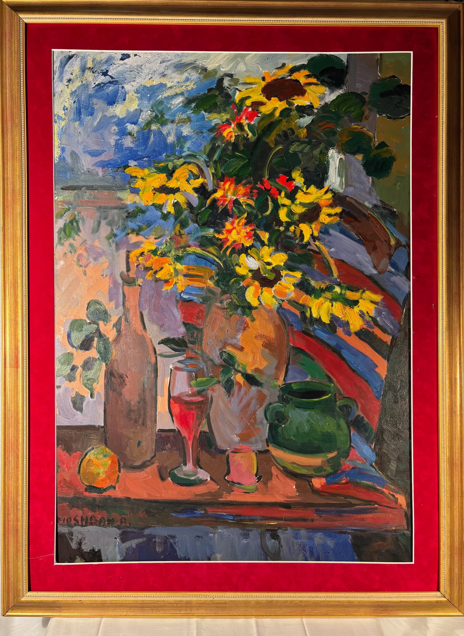 Large Moshgan Rezania Signed Expressionist Floral Still Life Painting: Vibrant signed floral still life painting by contemporary expressionist artist Moshgan Rezania, executed in bold impasto-like brushwork with rich saturated color.The composition features a lush bouque