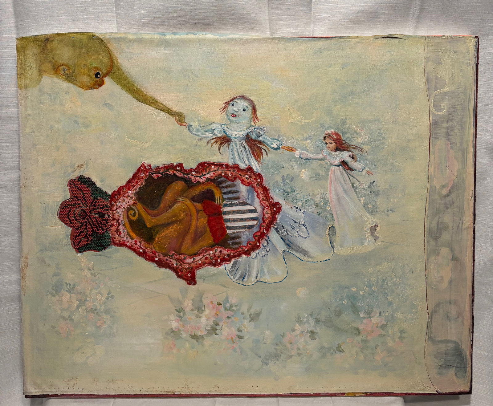 Surreal Outsider Figural Painting with Doll Child and Crimson Lace Form