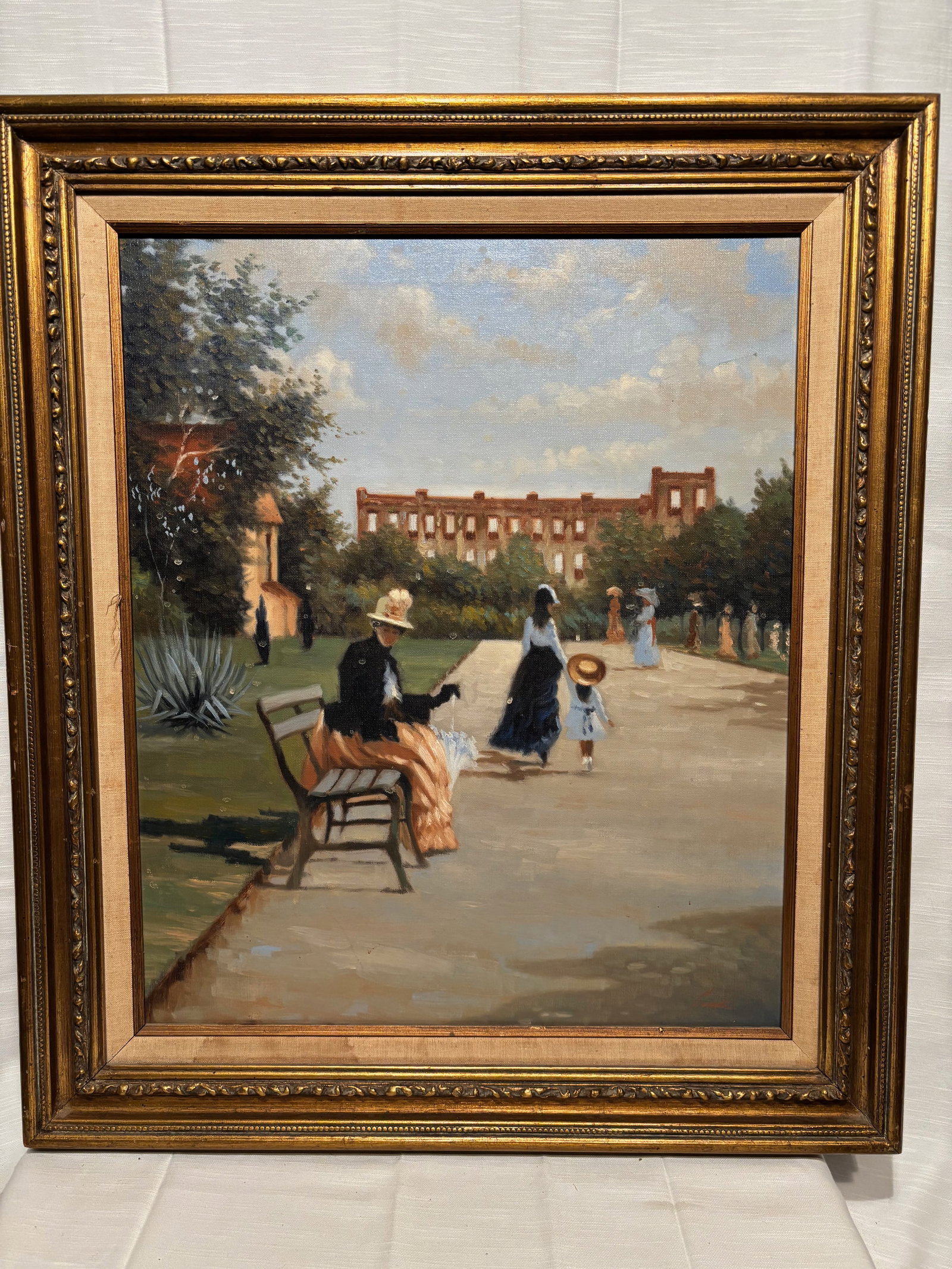 Lugano Candi (Italian b. 1948) Impressionist Garden Promenade Scene Oil Painting: Oil on canvas by Lugano Candi, the Sicilian-born Italian painter known for impressionist-style figural and garden scenes. The composition depicts elegantly dressed women and a child strolling through 
