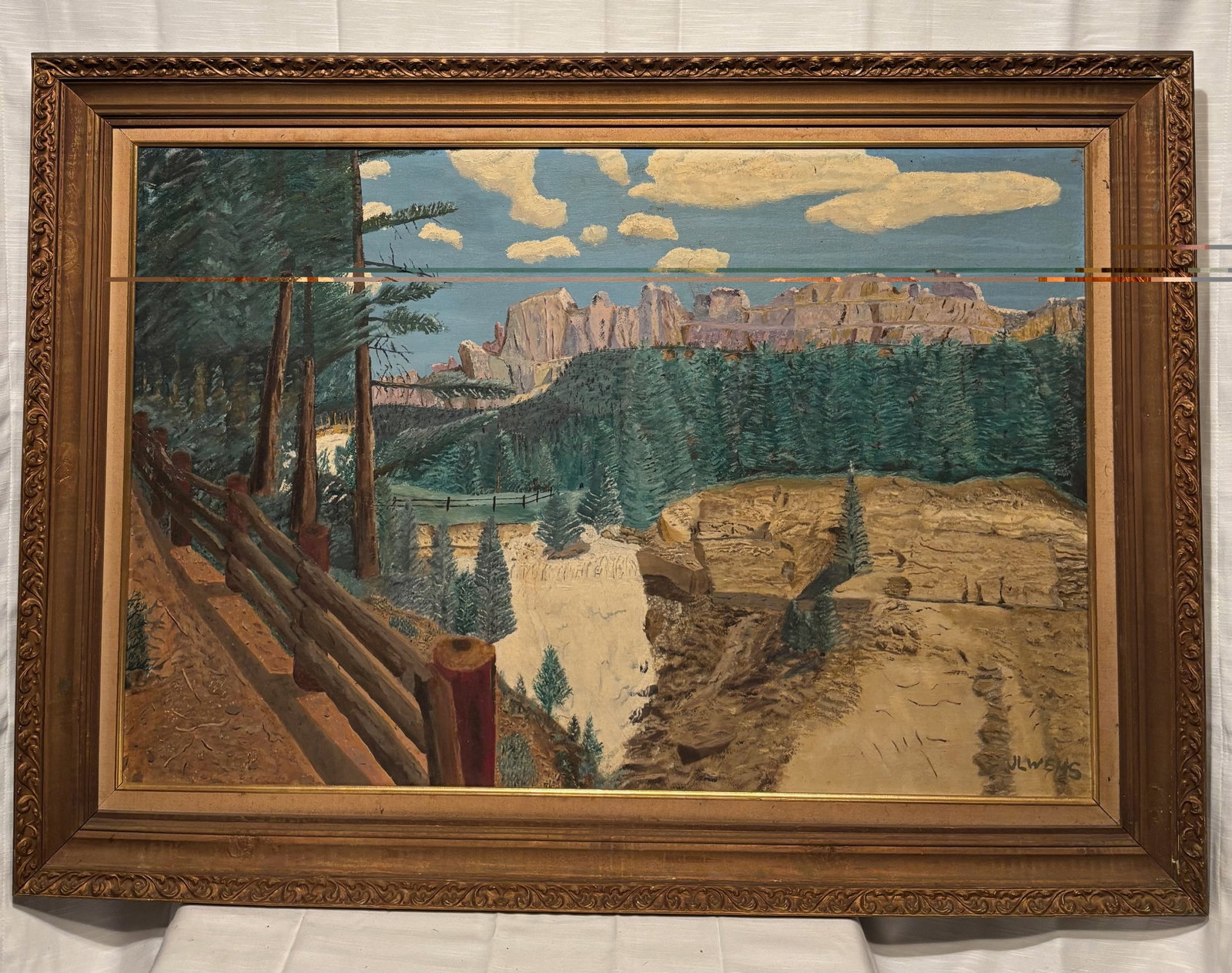 J.L. Wehs (American), Falls of Brooks Lake Creek, Wyoming, 1974, Oil on Grumbacher canvas board, 24: A large and visually striking Western landscape oil painting by J.L. Wehs, titled Falls of Brooks Lake Creek, Wyoming, completed in 1974. The composition captures a scenic mountain and canyon vista wi