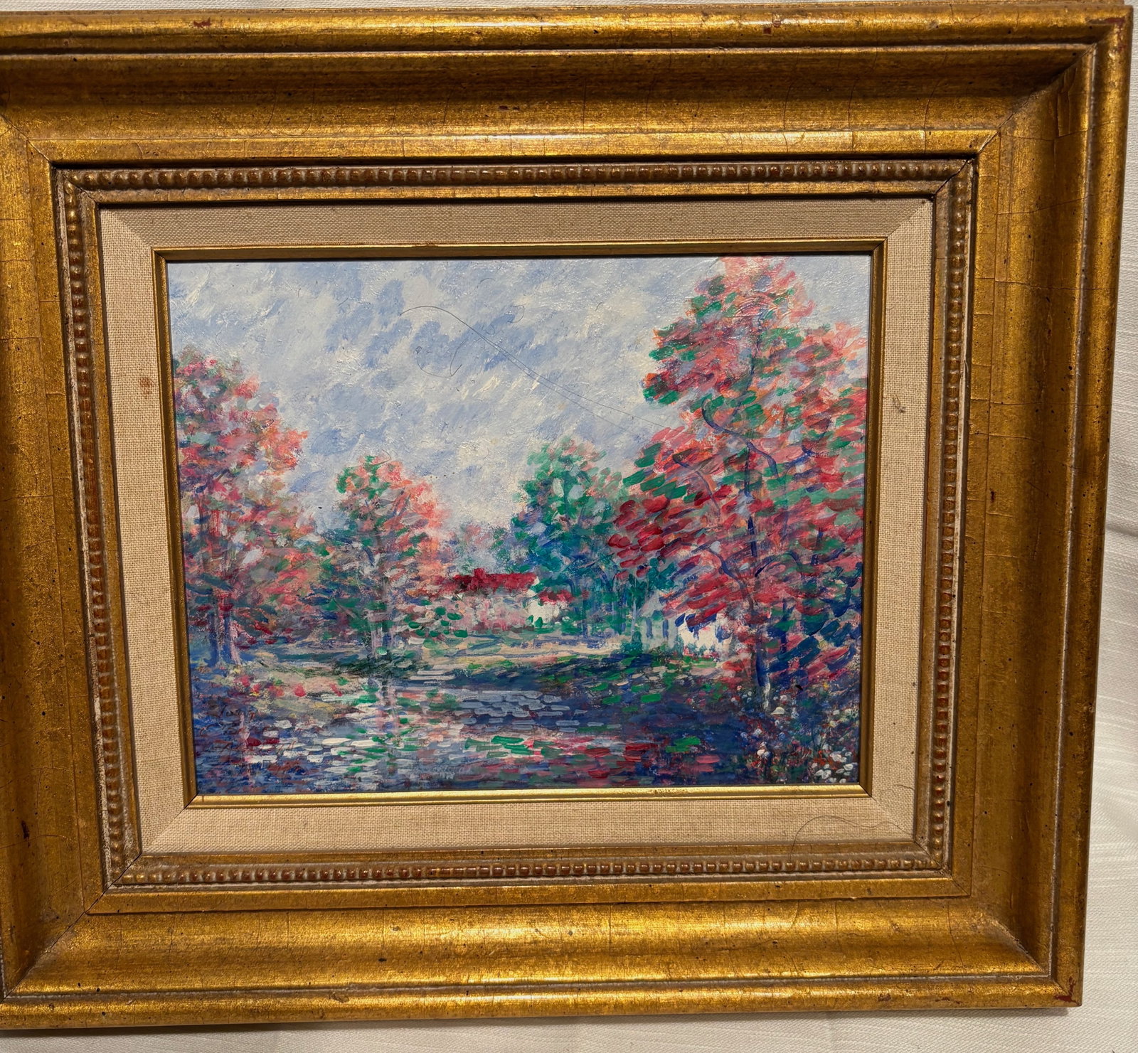 Judy O’Brien Galatha (American, North Carolina), impressionist-style landscapes: An original acrylic painting on gessoed Masonite by Judy O’Brien Galatha (Charlotte, North Carolina). The composition depicts an impressionist landscape with a reflective body of water in the foregr