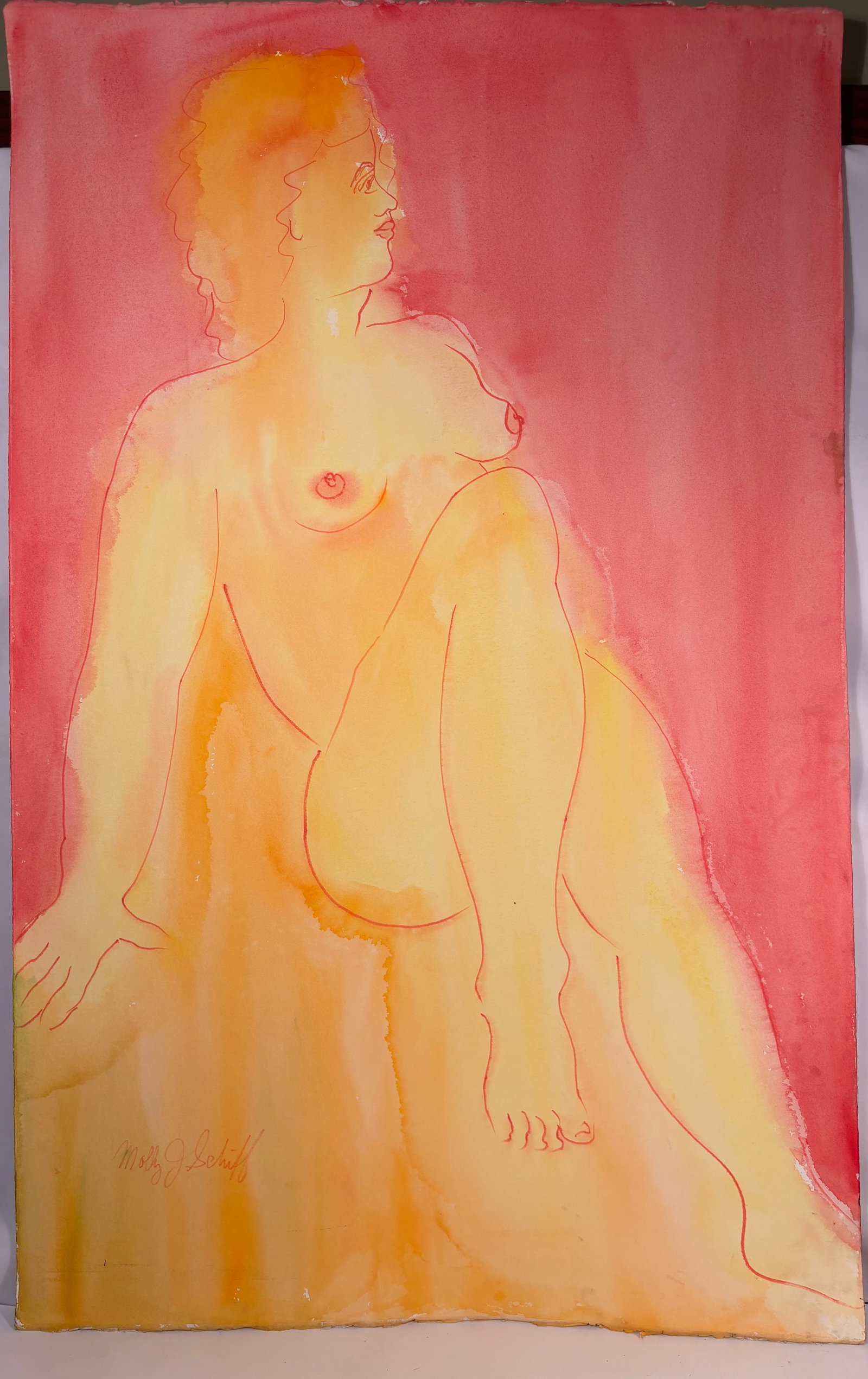 Molly J. Schiff (1927–2018), Seated Female Nude, Profile (Figure Study), mid 20th century: Watercolor and ink figure study on paper depicting a seated female nude shown in profile against a richly saturated red ground. The figure is defined by fluid linear outlines and softly layered washes