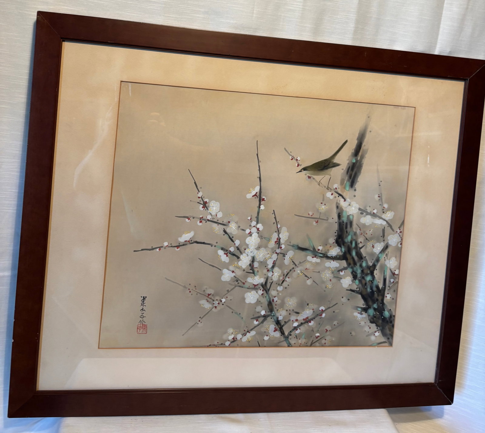 Tanaka Anzanshi (1906–1970), Japanese Nihonga Hanging Scroll Painting, Plum Blossoms & Bird,