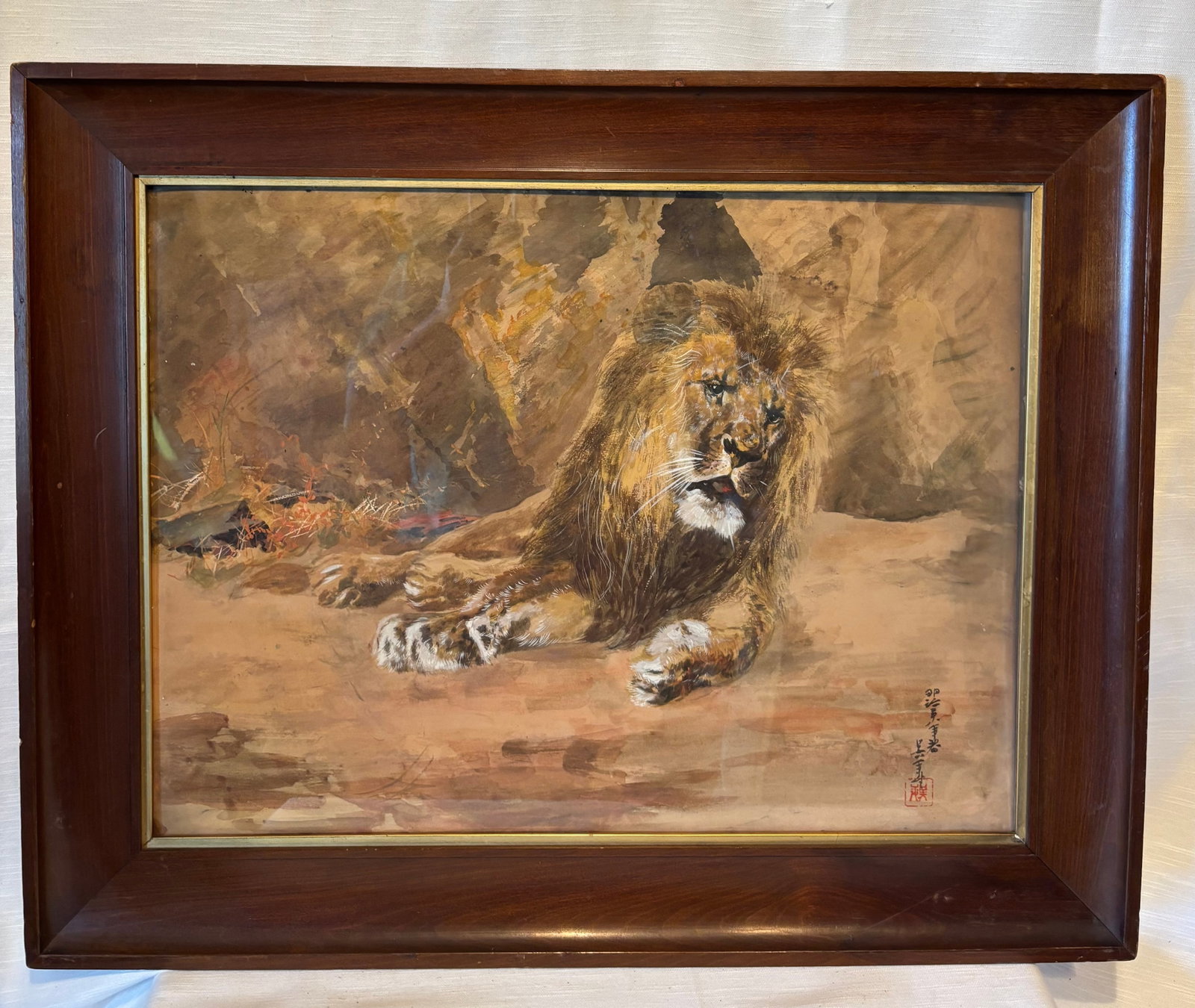 Japanese Painting of a Lion, Expressive Brushwork, Signed & Sealed, Framed, Meiji period