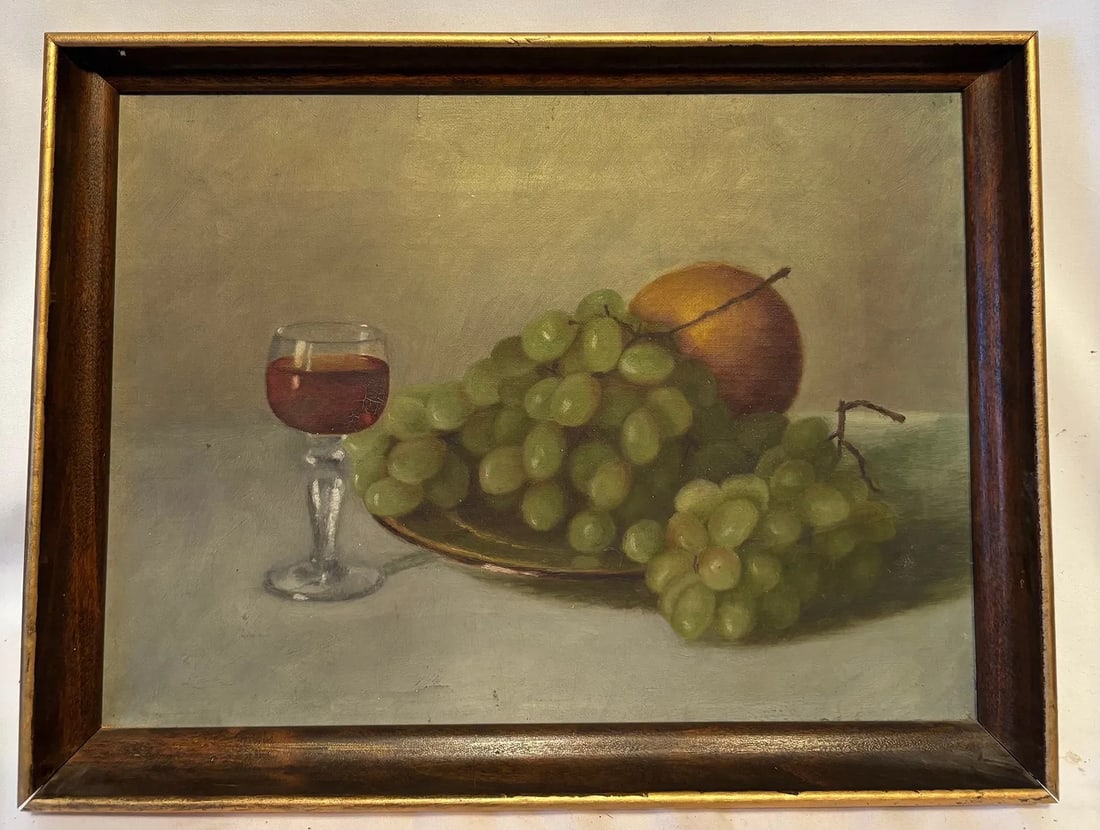 Antique Still Life Oil Painting of Grapes, Apple and Wine Glass