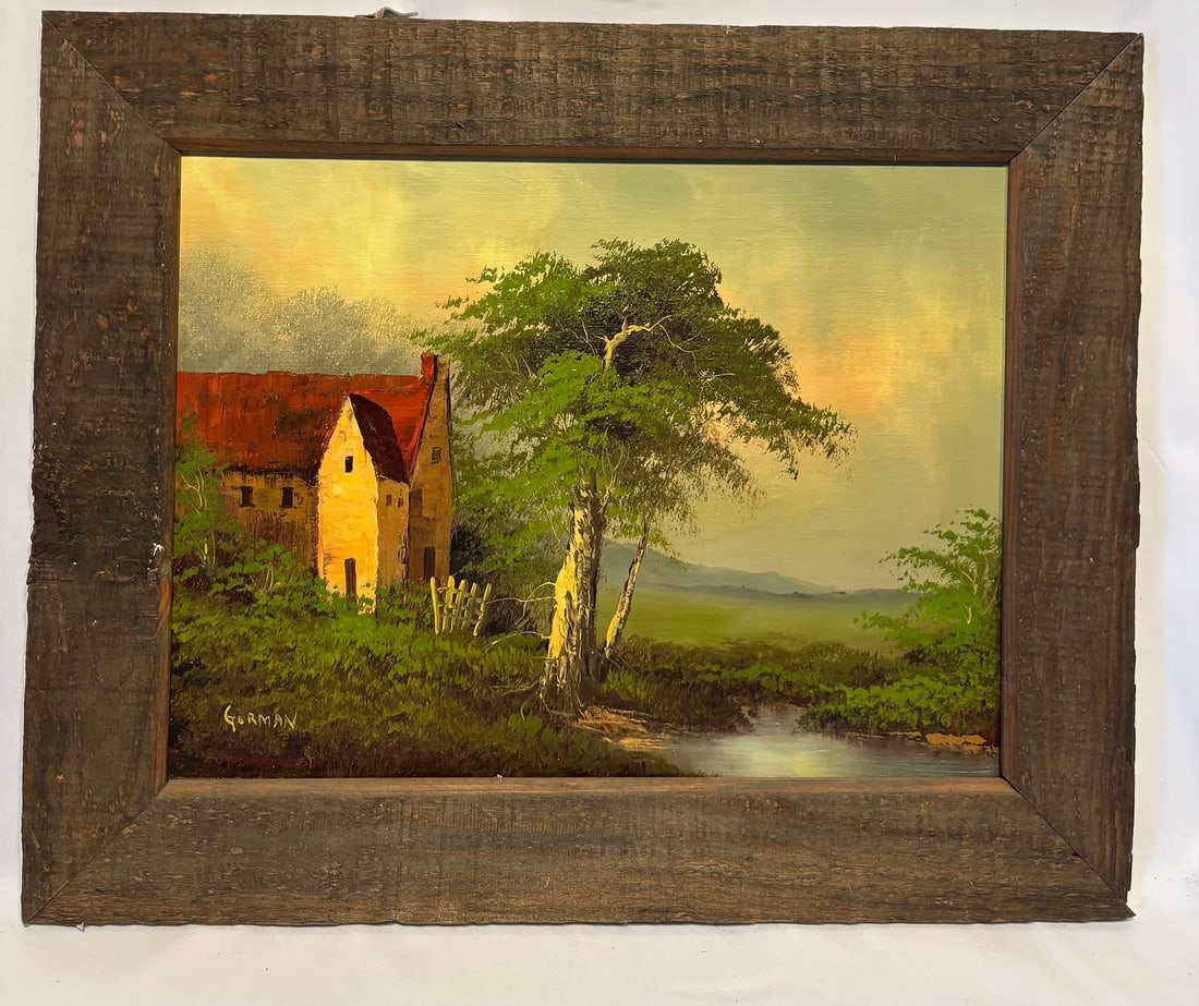 Signed Gorman Rural Landscape Oil Painting on Canvas, Framed: Signed “Gorman” oil painting depicting a charming rural landscape with a cottage nestled among lush greenery beside a peaceful stream. The composition features a rustic farmhouse with a red ro