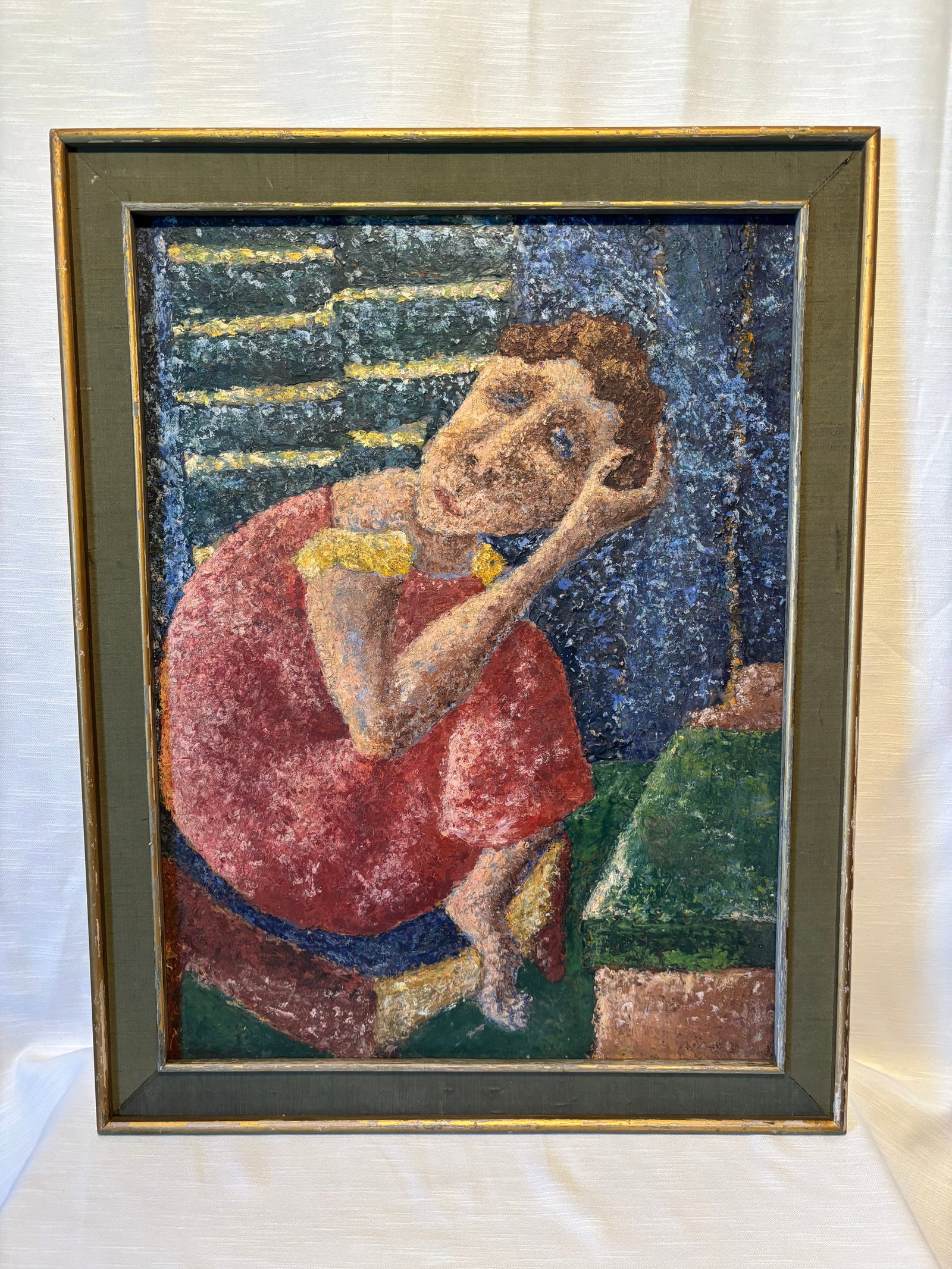 Modern Textured Painting of Seated Woman, Framed: A modern decorative painting depicting a seated female figure in a red dress, executed in a heavily textured impasto style. The composition features bold color contrasts and expressive brushwork. Hous