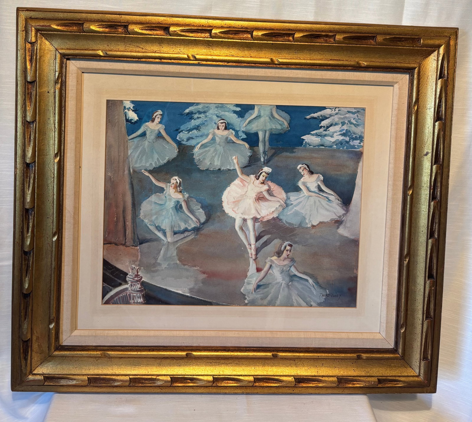 Fred Doyle Penney (1900–1988), Ballet Scene with Dancers, Watercolor Painting, Framed: A finely executed watercolor painting depicting an elegant ballet performance, featuring multiple dancers arranged in a graceful stage composition. The central ballerina, rendered in soft pink tones, 