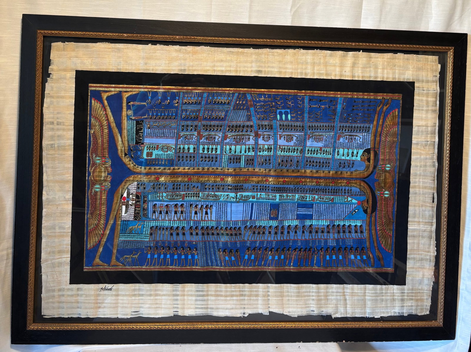 Large Framed Egyptian Papyrus Painting, Nut Goddess Scene, 42 x 30 in: Large framed Egyptian papyrus painting featuring the sky goddess Nut in a traditional funerary scene. Large framed Egyptian papyrus painting featuring the sky goddess Nut in a traditional funerary sce