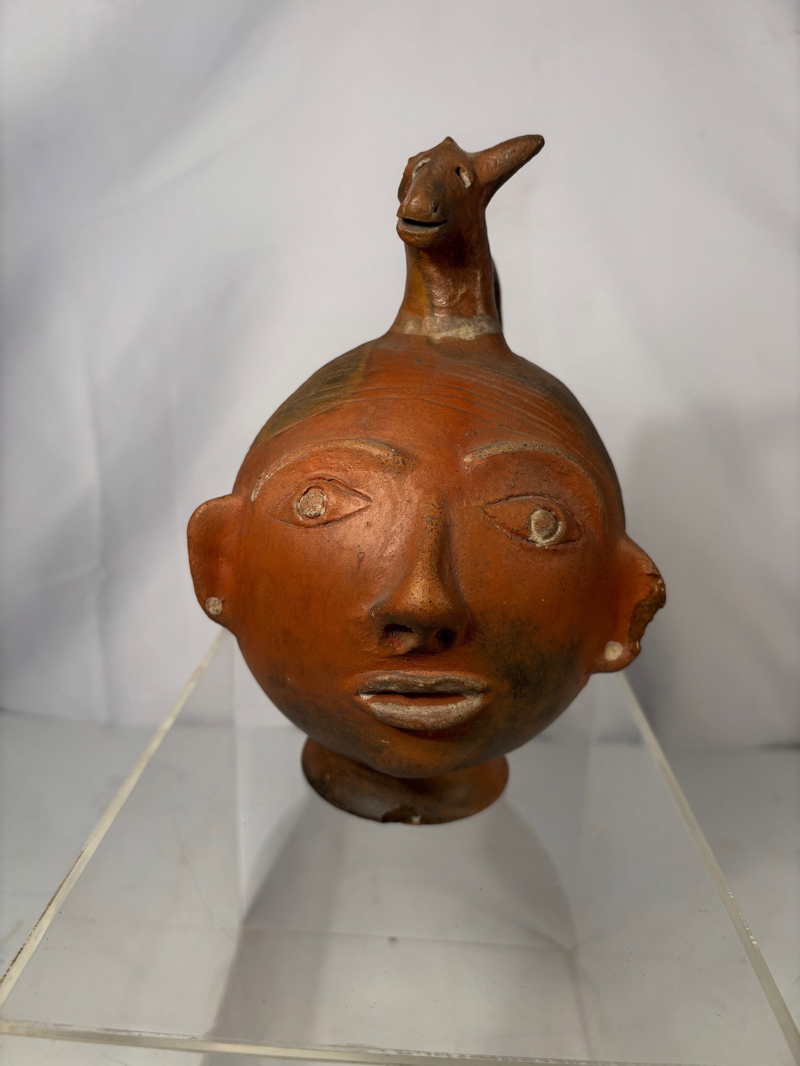 Pre-Columbian Style Redware Human-Face Vessel with Animal Final