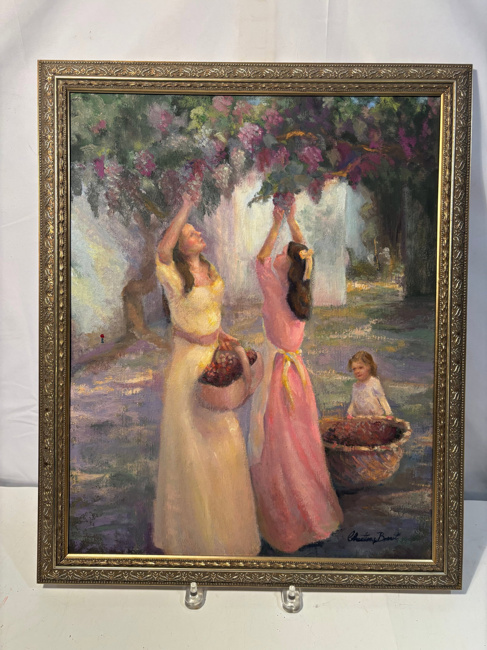 Original Oil Painting “Grape Harvest?? by Christiane Bouret, Figural Impressionist Scene