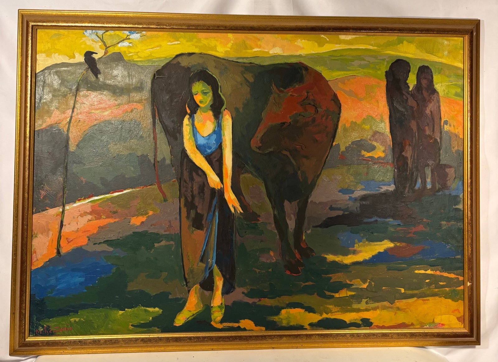 M. Rezania (Moshgan Rezania) Large Original Expressionist Oil on Canvas, Woman with Bull, 30 x 42 in: Large original expressionist oil on canvas depicting a young woman standing beside a powerful black bull in a vividly colored pastoral landscape. Executed in bold, expressive brushstrokes with thick i