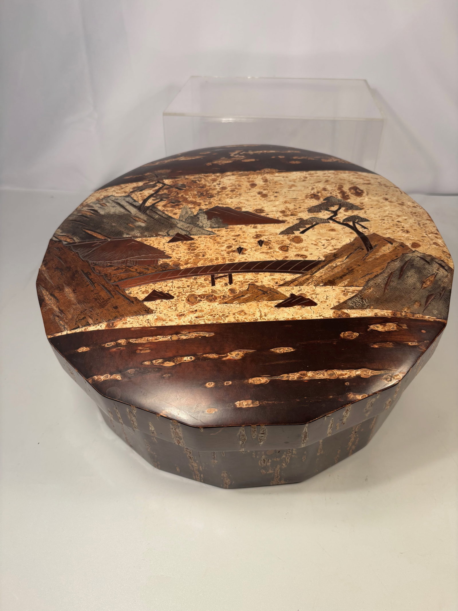 A Japanese Kabazaiku Chabitsu (Tea Chest) with Landscape Design, Nikk? no Sakura: Meiji period (19th century), Japanese chabitsu (tea chest) crafted using the traditional kabazaiku technique, in which layers of natural cherry tree bark are carefully applied and polished to create a