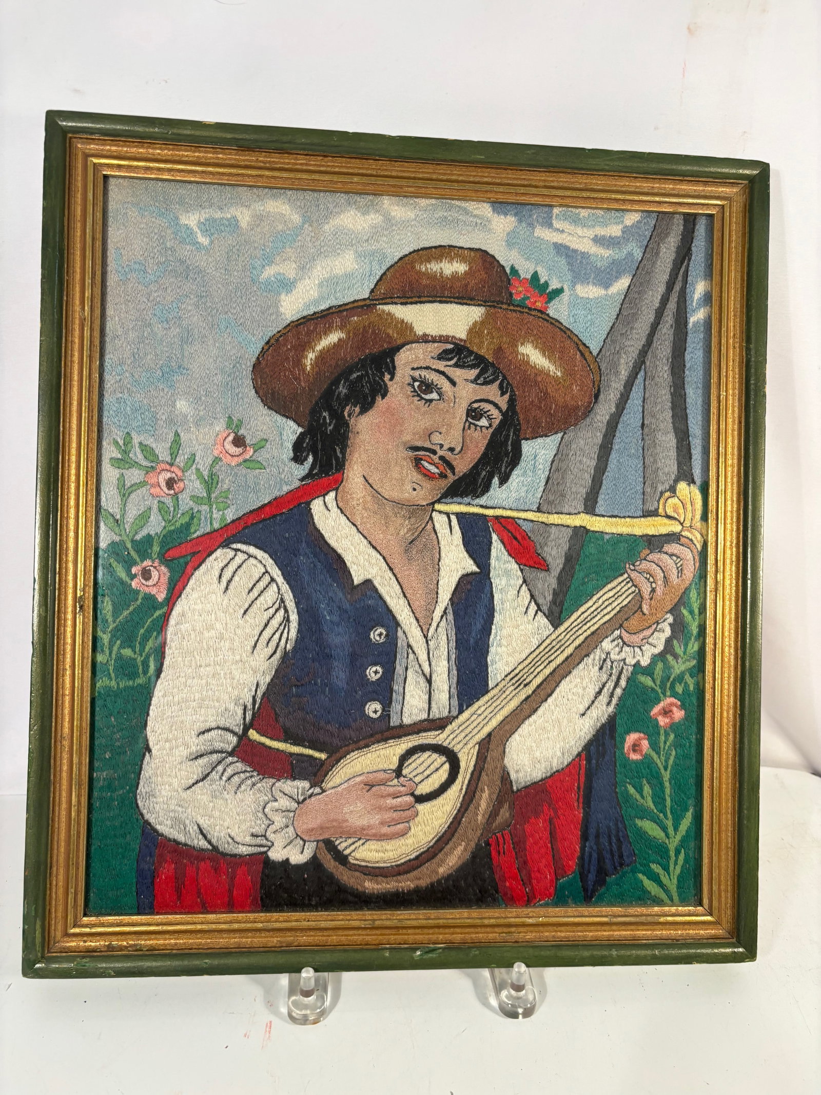 European Silk Petit Point Embroidered Portrait of Musician