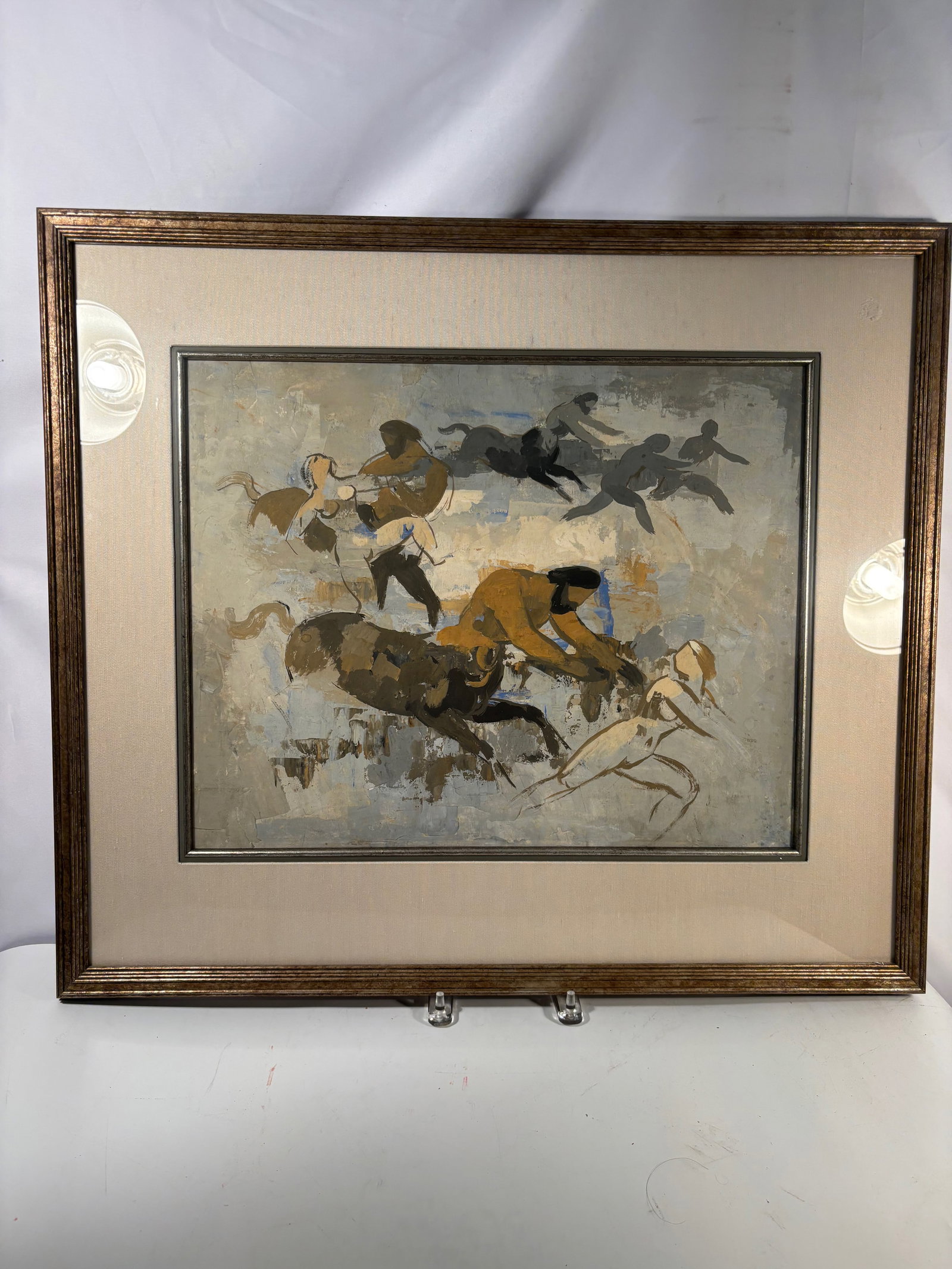 Modernist Figural Painting Depicting Bull and Figures in Motion