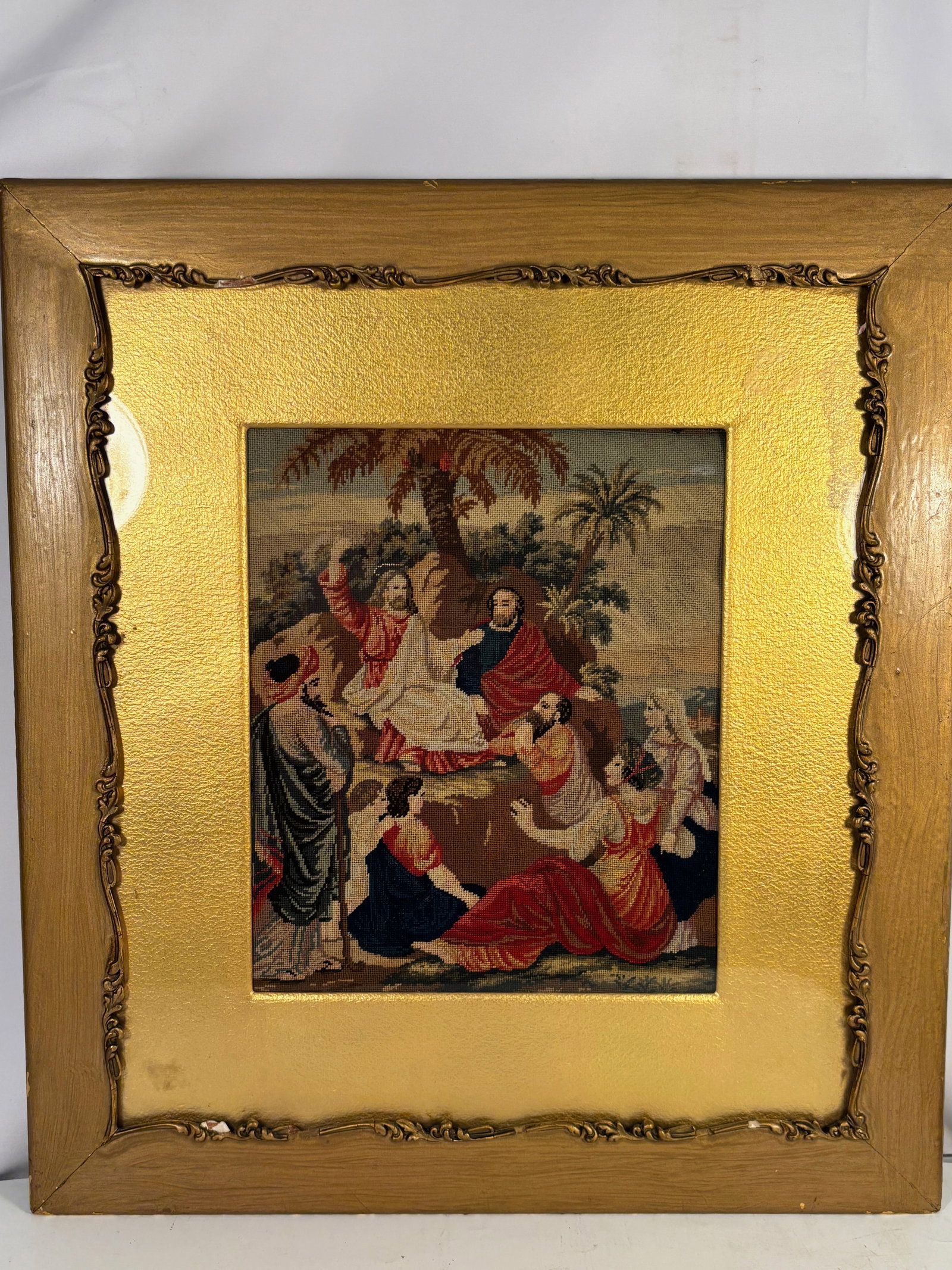 Antique Petit Point Embroidery Depicting a Biblical Scene, Framed: European petit point needlework embroidery depicting a biblical scene with figures gathered around Christ. Executed in fine colored thread on canvas ground. Presented in a decorative frame. Dimensions
