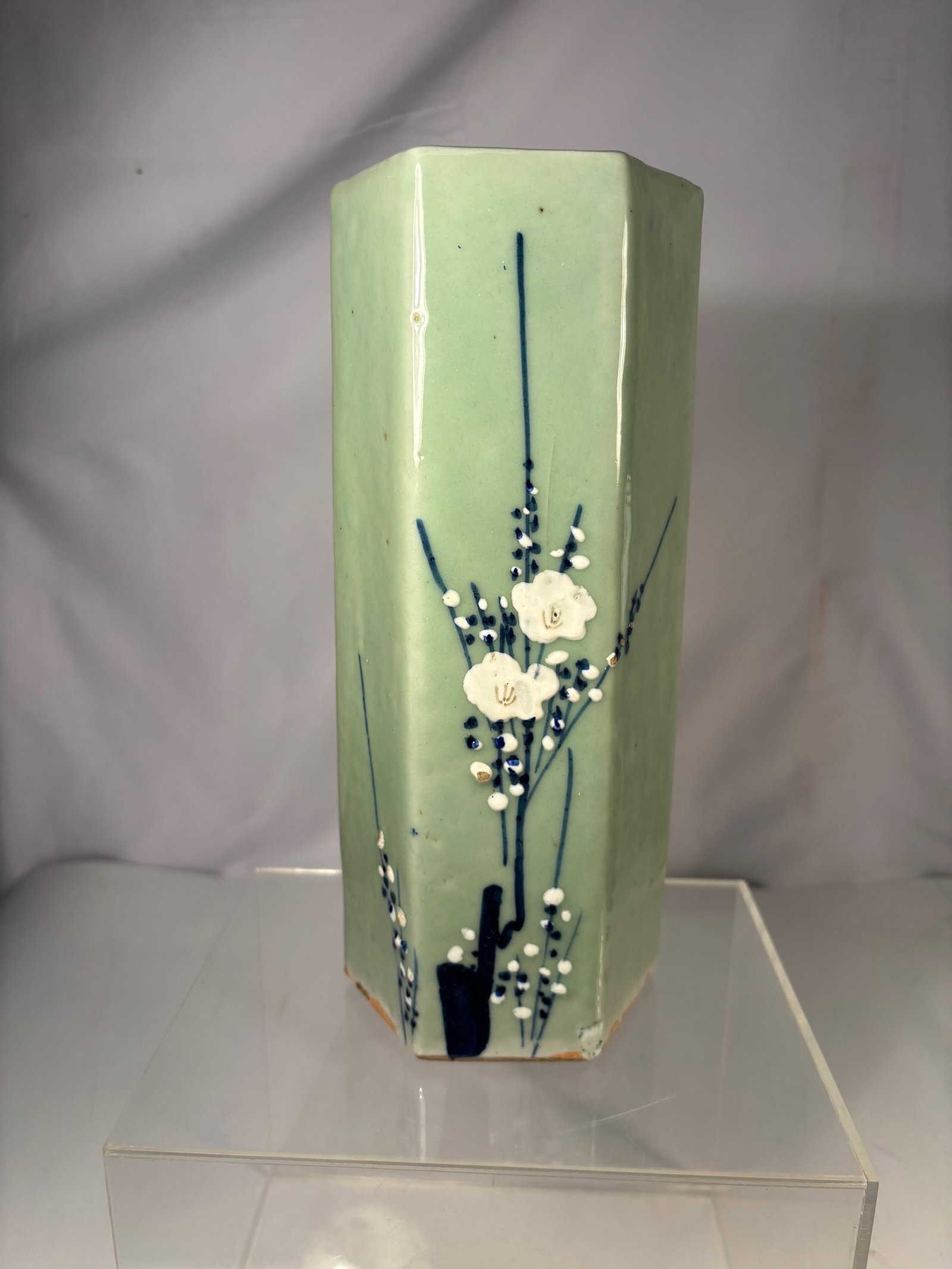 A Chinese/ asian Celadon Glazed Hexagonal Brush Holder