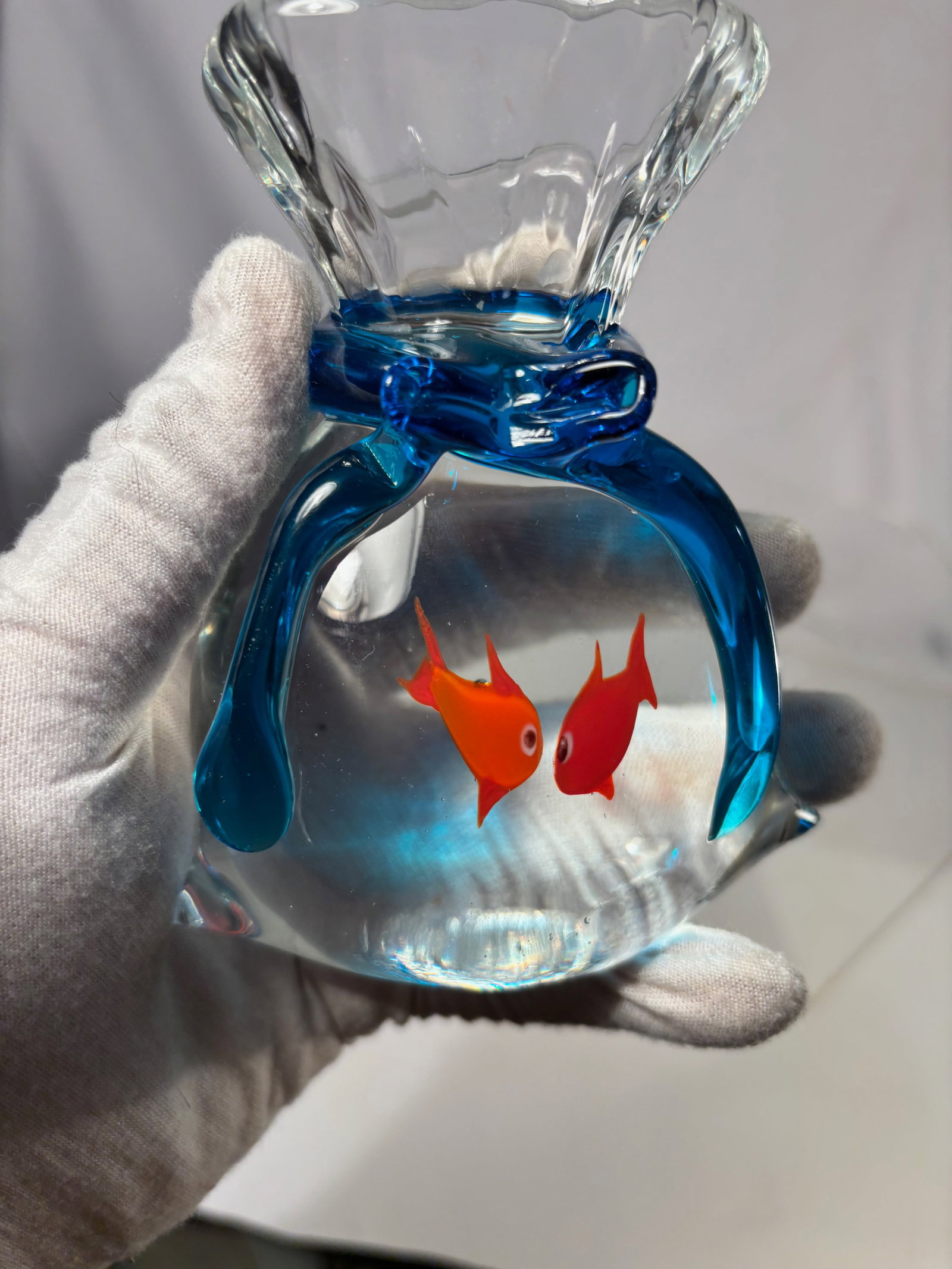 An Art Glass Goldfish in Bag Sculpture