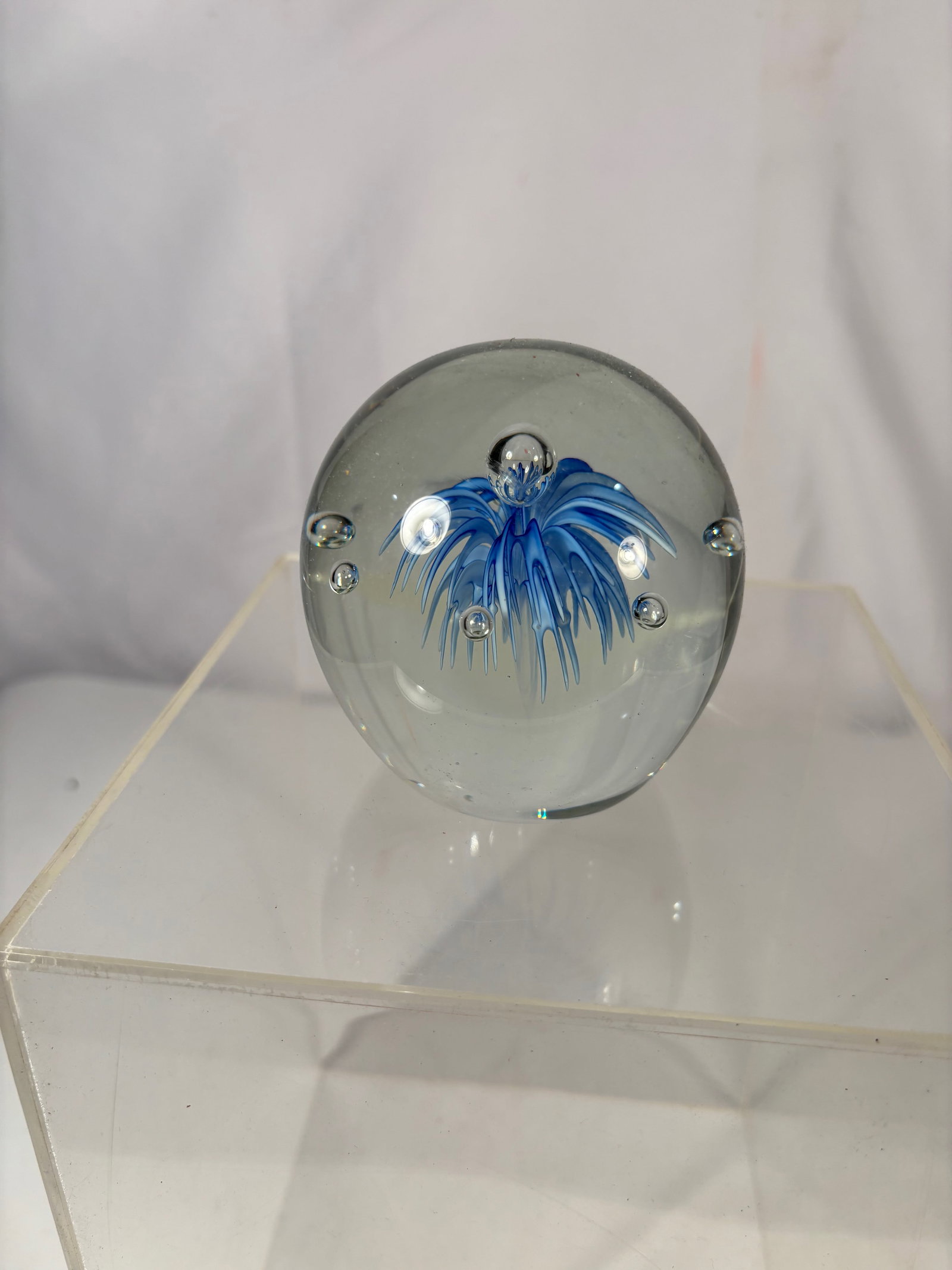 Art Glass Paperweight with Blue Floral Burst Inclusion & Controlled Bubbles