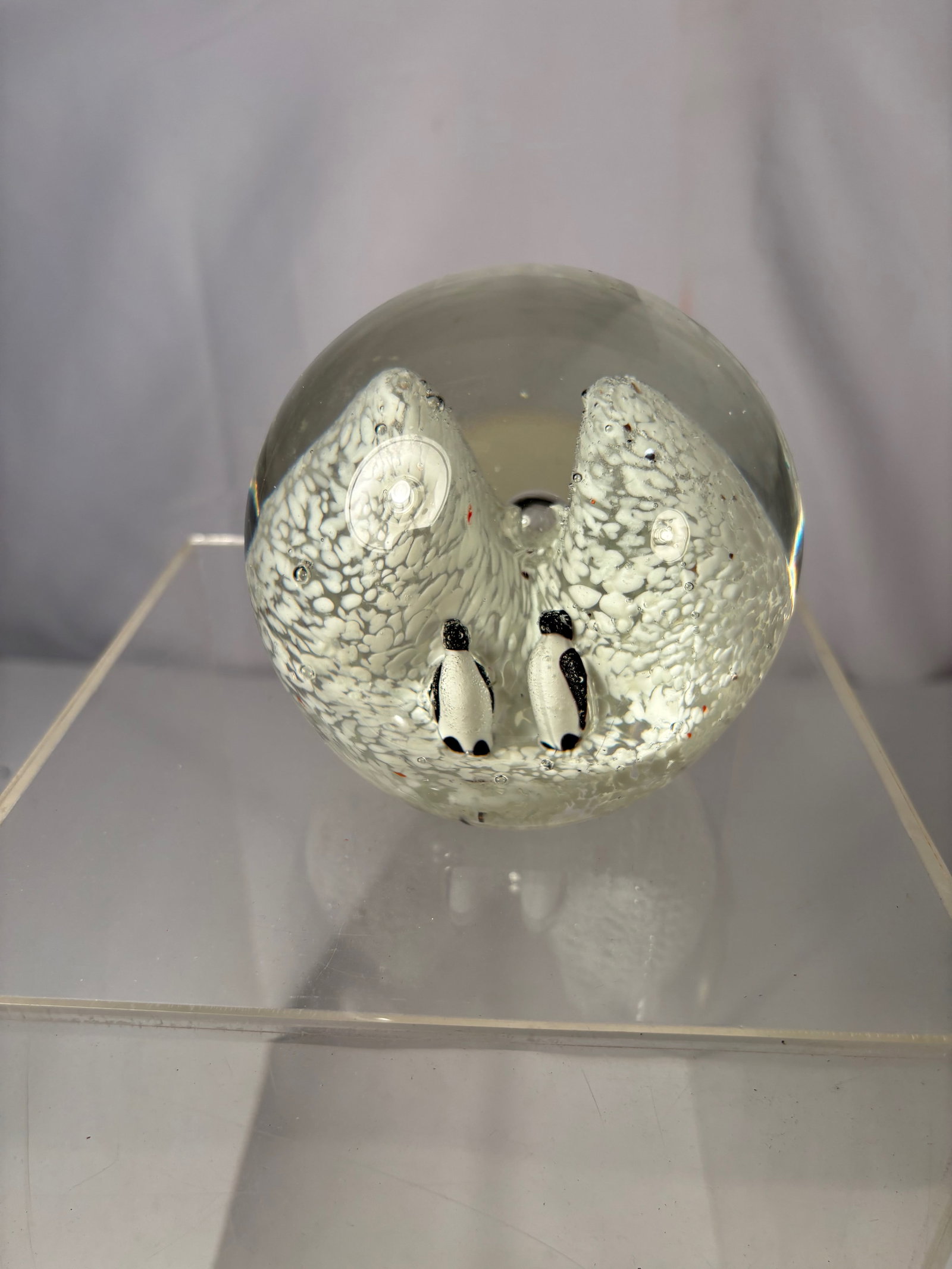 Art Glass Paperweight with Penguin Family & Iceberg Scene, Figural Studio Glass