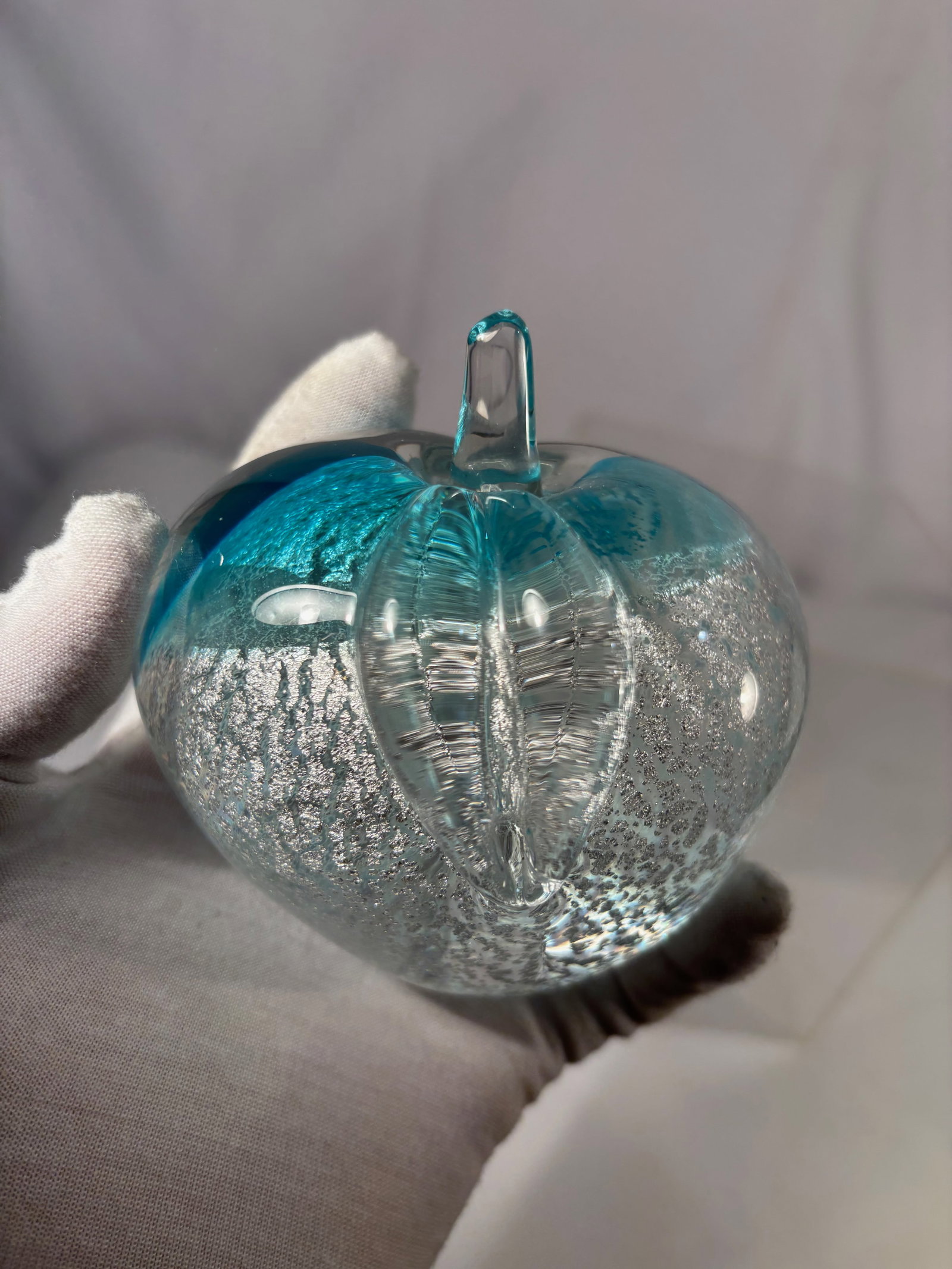 Murano Style Art Glass Apple Paperweight, Aqua Controlled Bubble Design