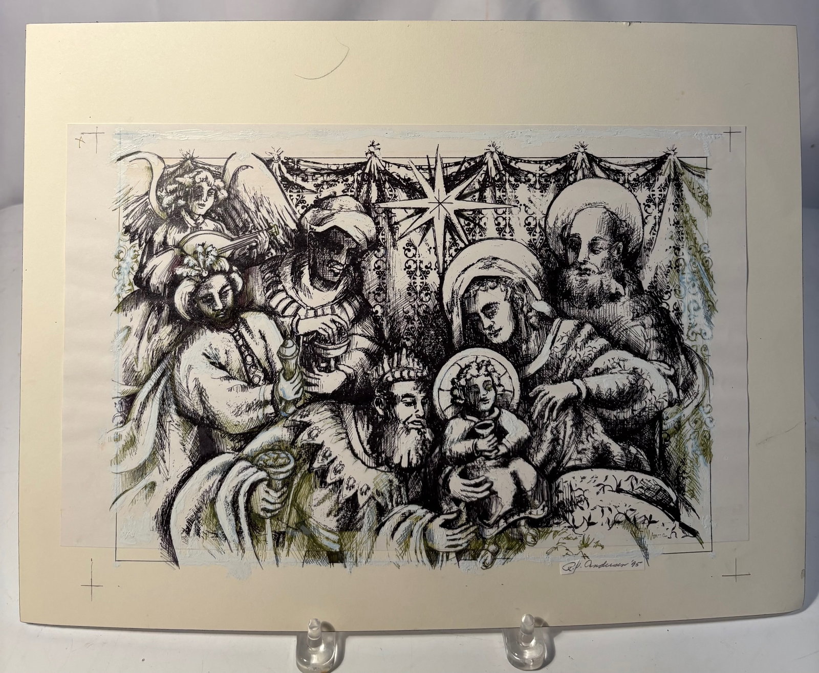George Paul Schneider (American, Chicago) Signed Lithograph, “Nativity with Three Kings,?? 1995