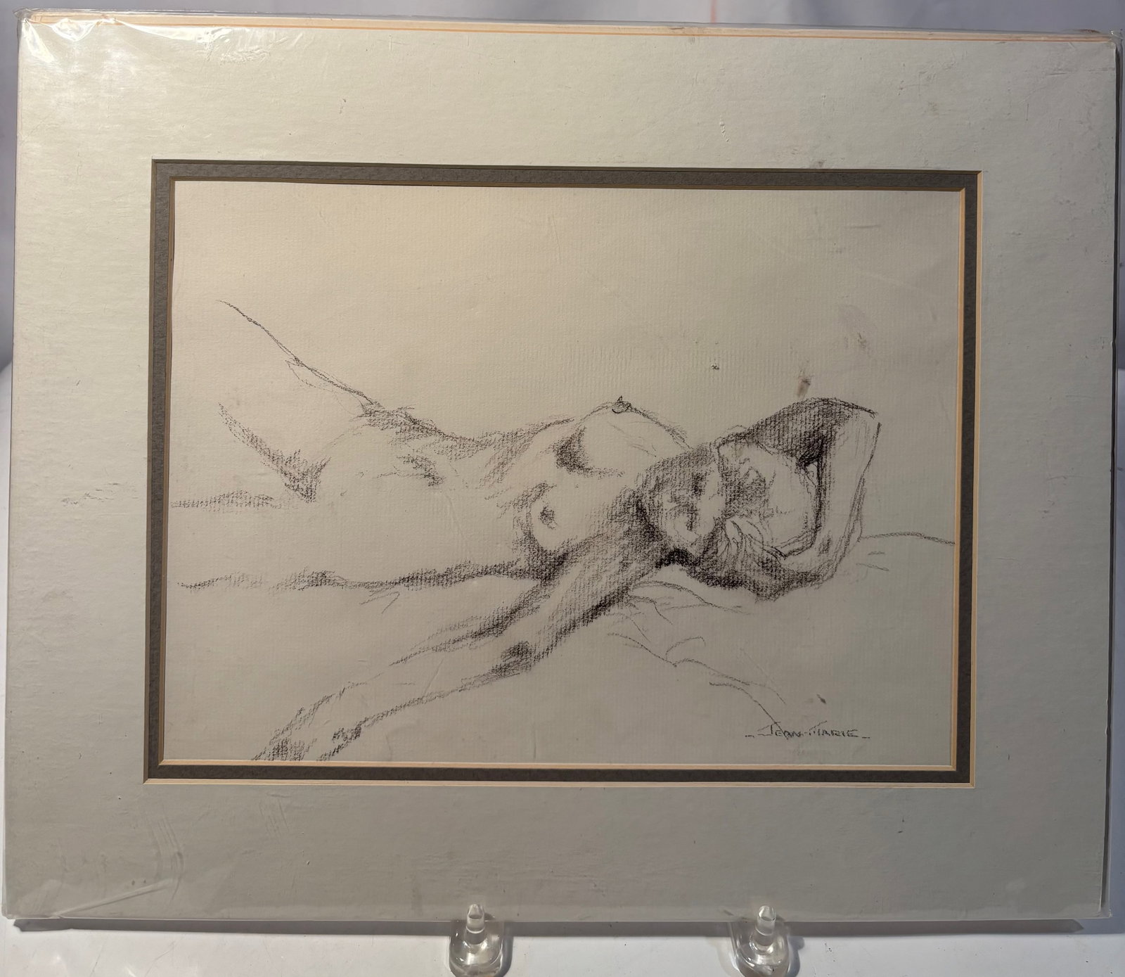 Jean Marie Luke (Florida), “Repose,?? Charcoal Nude Figure Drawing: Original charcoal figure drawing by Jean Marie Luke, depicting a reclining female nude titled Repose. Executed in loose, expressive black charcoal lines with soft shading and minimalist composition, e