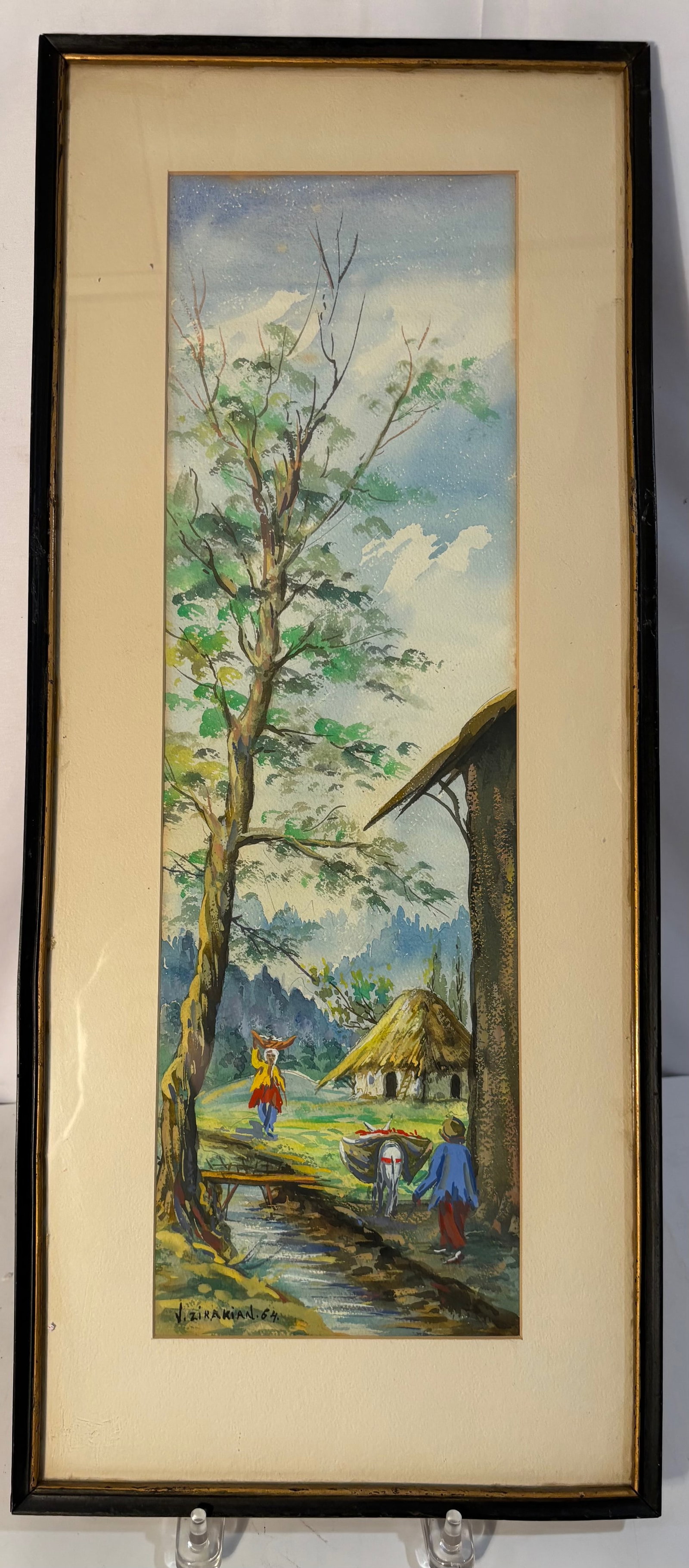 V. Zirakian (Iranian, 1940-), Framed Village Riverside Watercolor, Signed