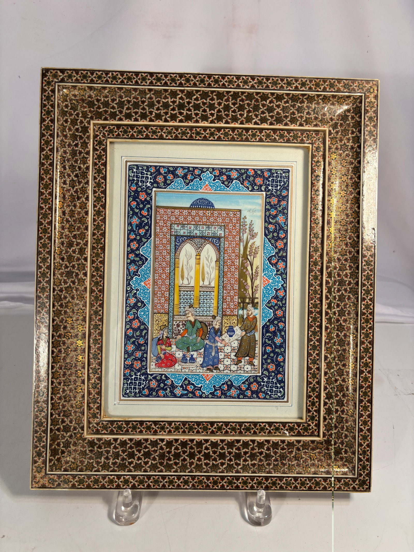 Fine Persian Miniature Painting in Elaborate Khatam Marquetry Frame (1 of 8)