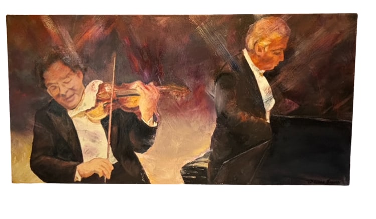 Florence Weiss Jesser (American, 20th Century), “Piano and Violin,?? Oil on Canvas: Expressive original oil on canvas depicting a violinist and pianist in performance. Executed with energetic brushwork and a rich palette of deep earth tones, capturing the atmosphere and emotion of a 