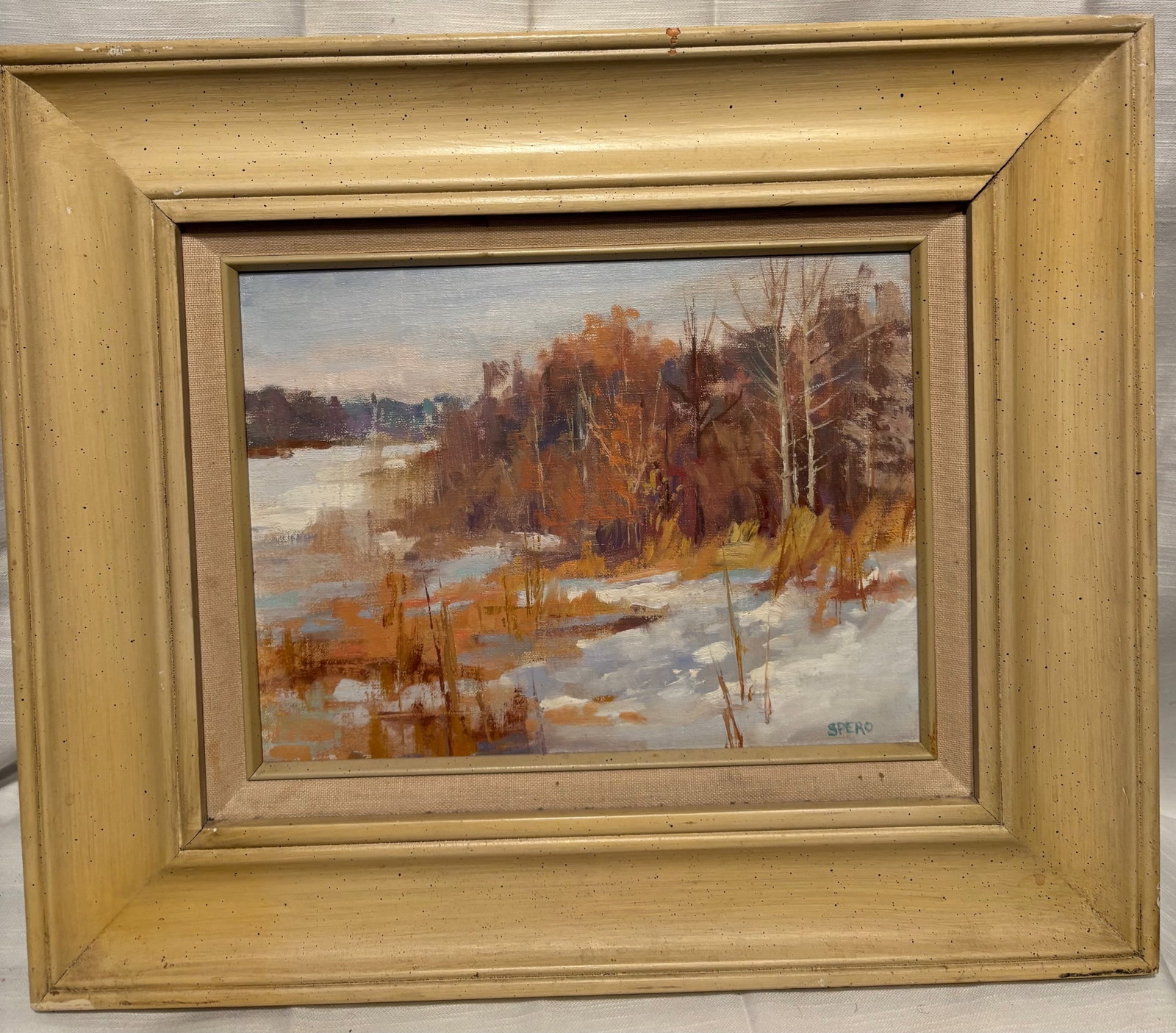 Oil Landscape Painting, Signed “Spero,?? Winter River Scene, Framed