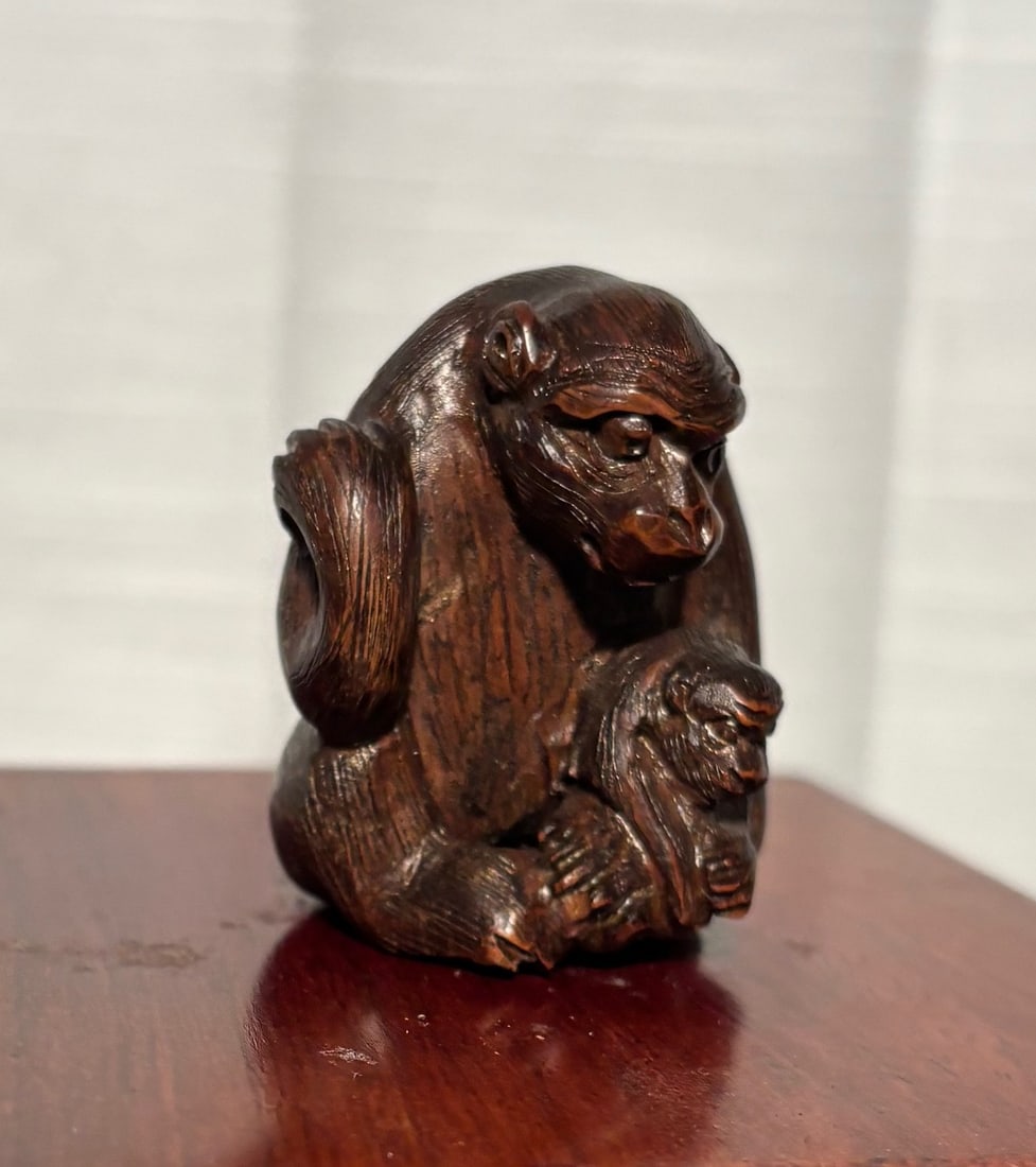 A Japanese Wood Netsuke of Monkey with Young (1 of 6)