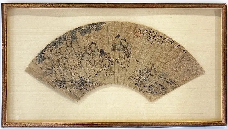 Li Qingrui (Mentor to Zhang Daqian), Literati Gathering, ink and color Painted Fan , Dated Gengyin: This delicately painted fan leaf depicts an elegant gathering of literati beneath ancient pine trees, a favored subject in classical Chinese art symbolizing scholarly virtue and refined companionship.