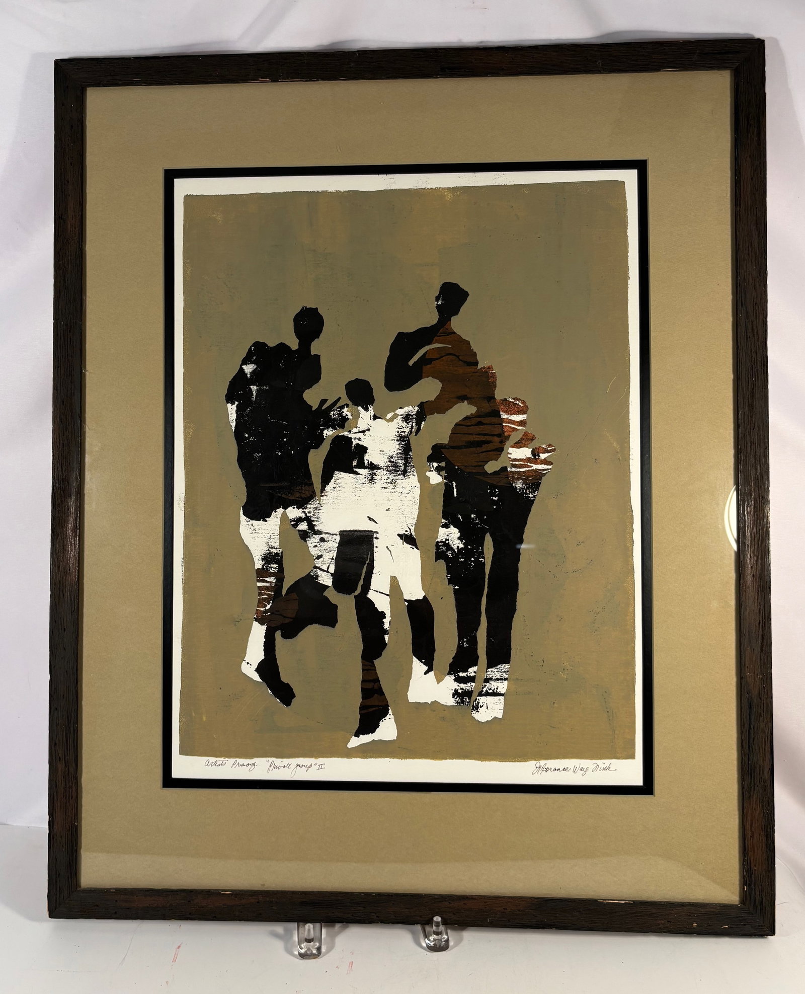 Florence Ware Mink “Private Group II?? Artist’s Proof Modern Figural Print: A modern figural print titled Private Group II by Florence Ware Mink, marked Artist’s Proof in pencil. The composition depicts stylized silhouetted figures in a mid-century modern design. Frame Dime