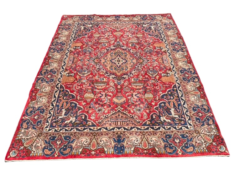 Large vintage Hand-Knotted Persian Tabriz Style Rug, Red Field with Vase Motifs, Approx. 12’10: Large hand-knotted Persian Tabriz-style carpet featuring a richly detailed red field with central medallion and an elaborate allover design of stylized vases, palmettes, and floral motifs. The composi