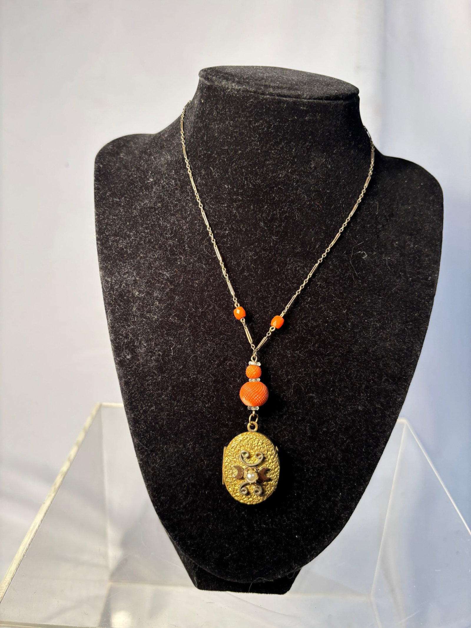 Victorian Carved Coral Mourning Locket Necklace