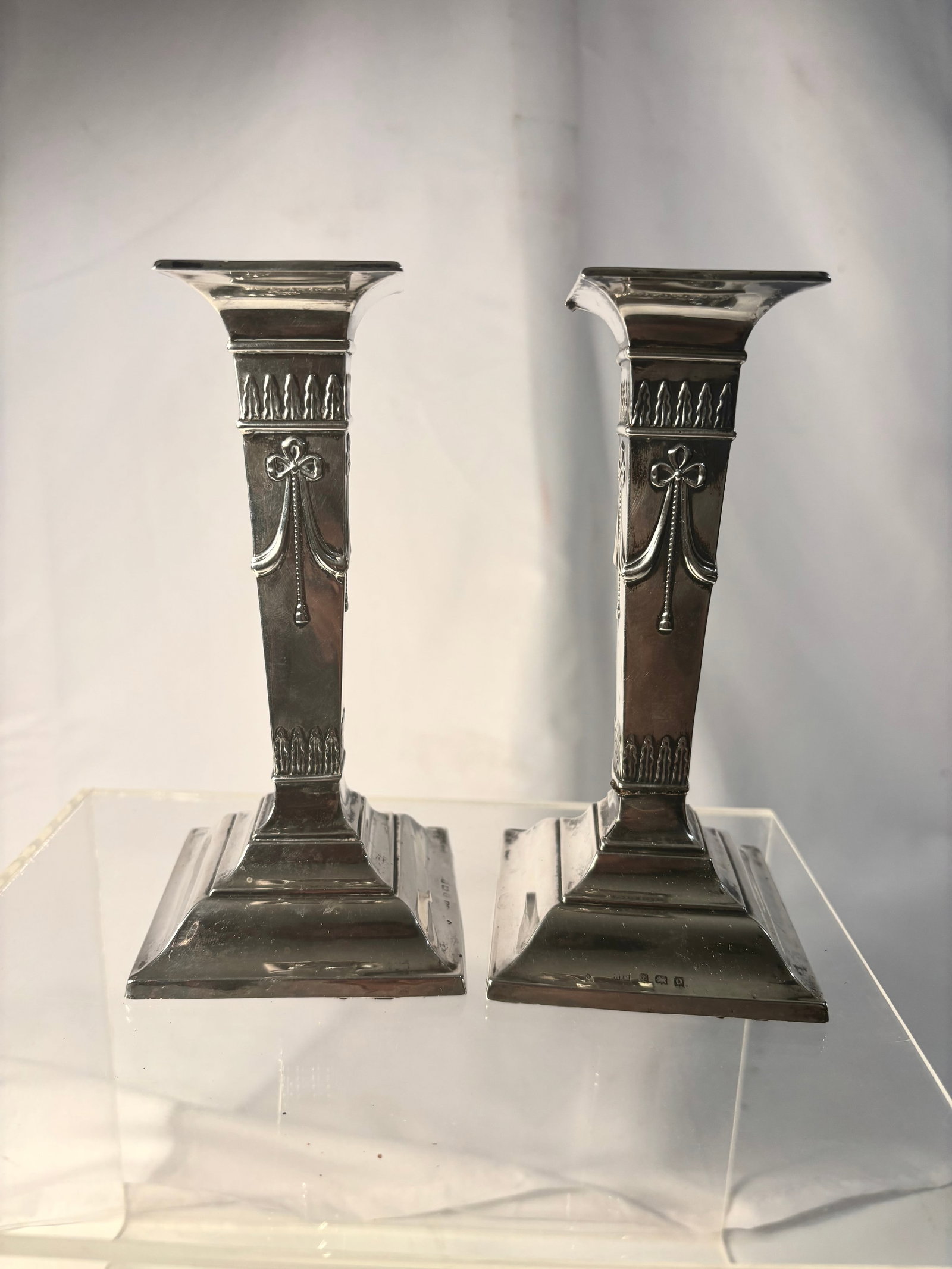 Pair of English Sterling Silver Neoclassical Candlesticks