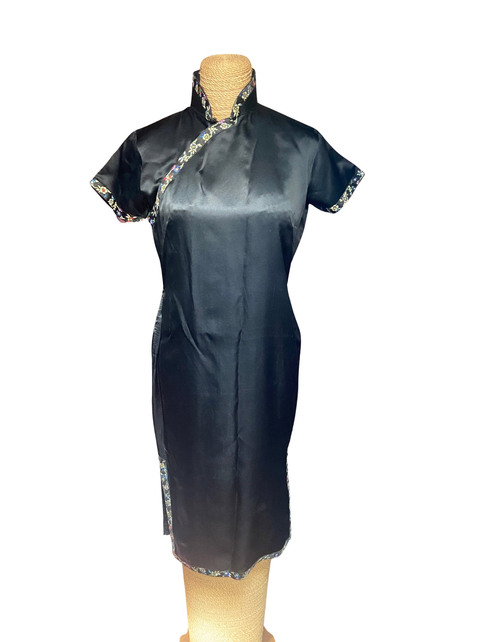 Vintage Black Silk Chinese Qipao Cheongsam Dress with Floral Trim